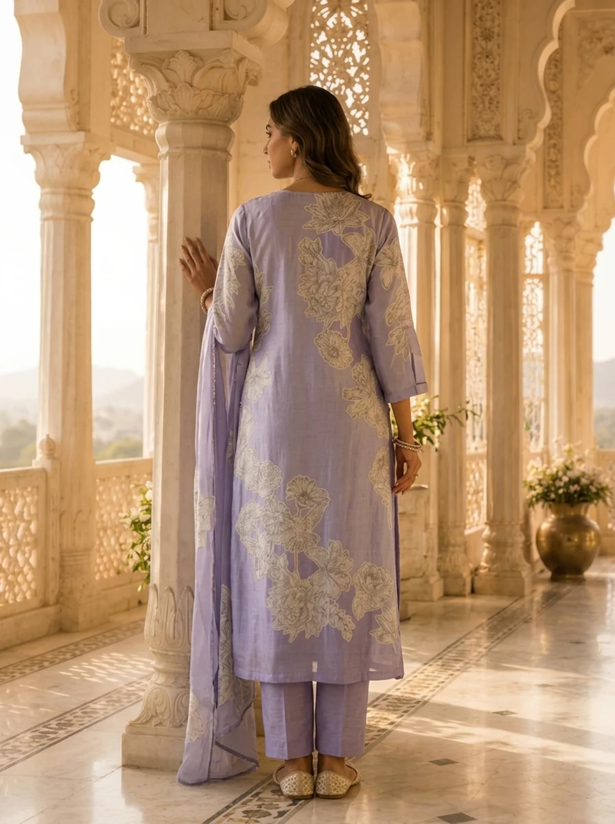 Lavender Muslin Floral Printed Three Piece Set - Image 2