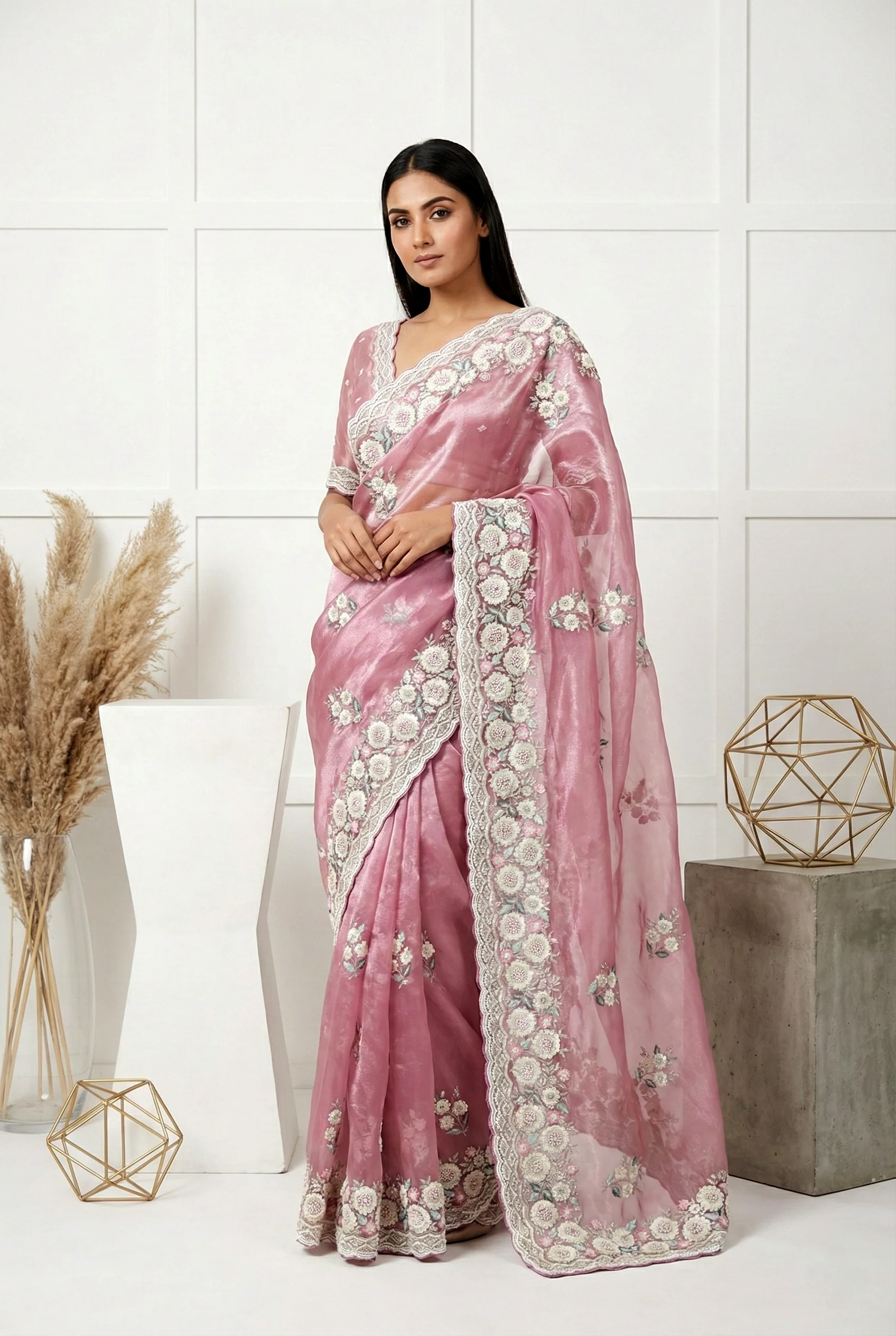 Lavender Organza Heavy Floral Embroidered Saree