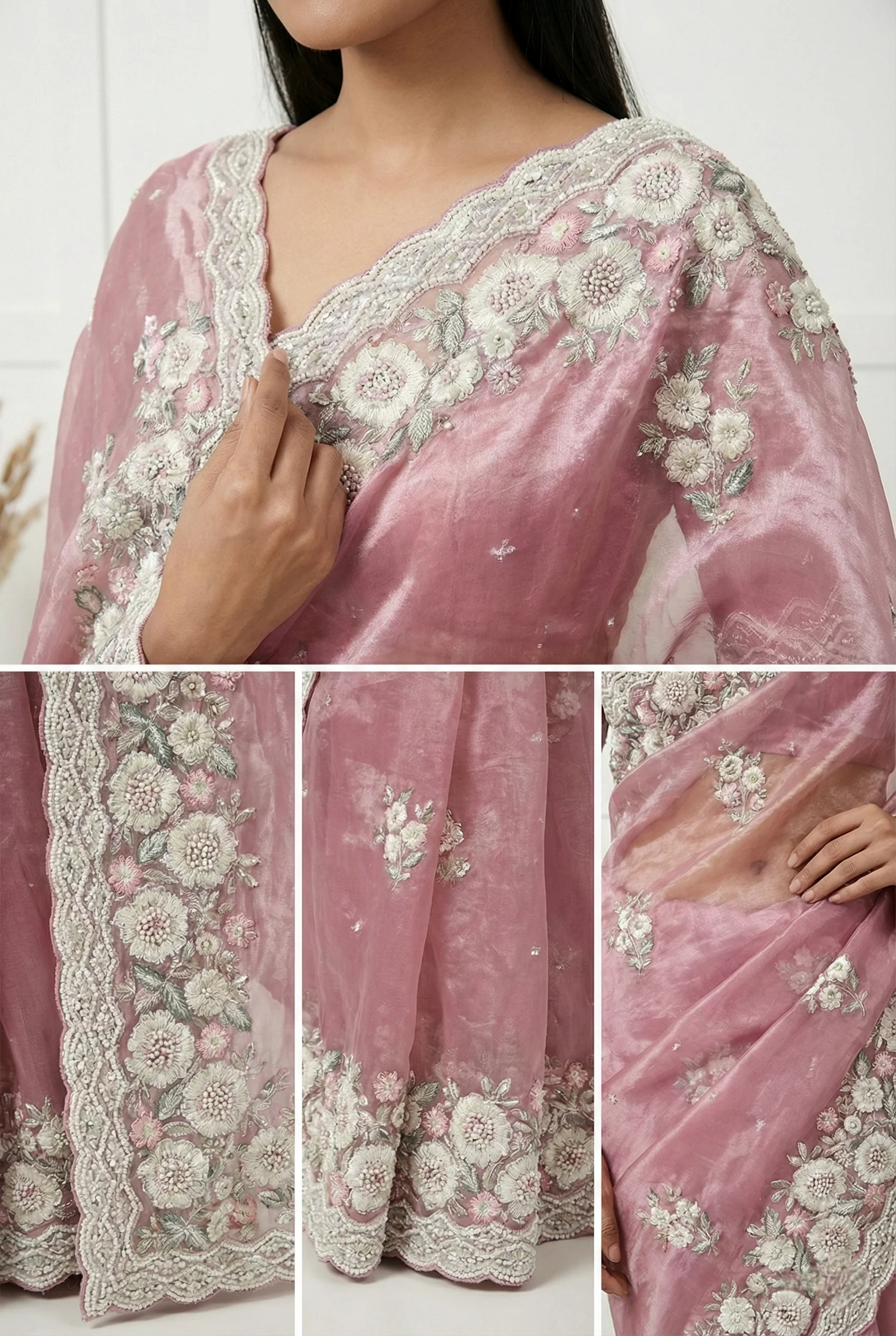 Lavender Organza Heavy Floral Embroidered Saree - Image 2