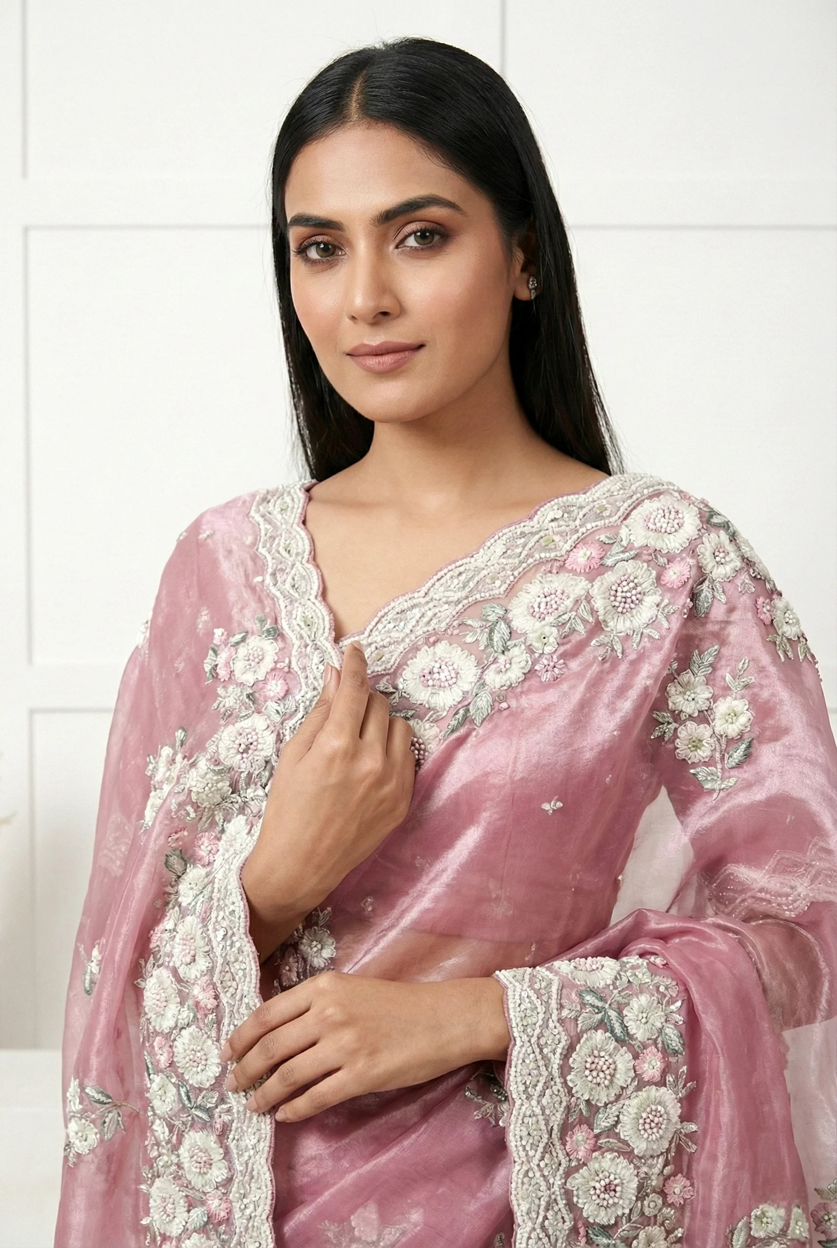 Lavender Organza Heavy Floral Embroidered Saree - Image 3