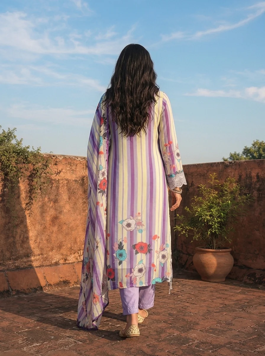 Lavender Organza Stripe With Floral Printed Three Piece Set - Image 2