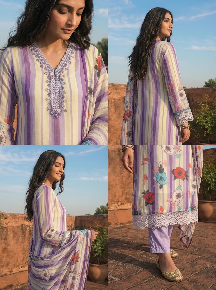 Lavender Organza Stripe With Floral Printed Three Piece Set - Image 5