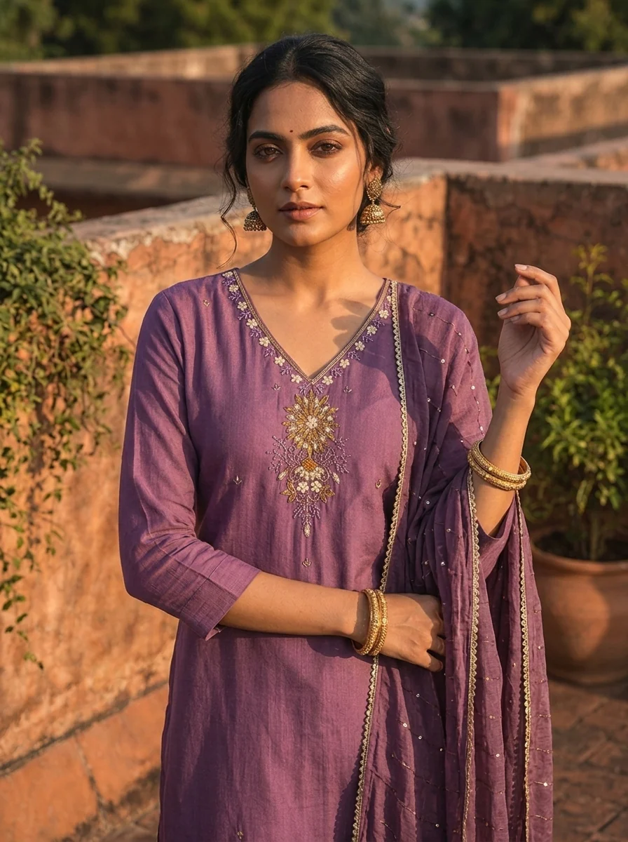 Lavender Rayon Thread And Stone Embroidered Three Piece Set - Image 4