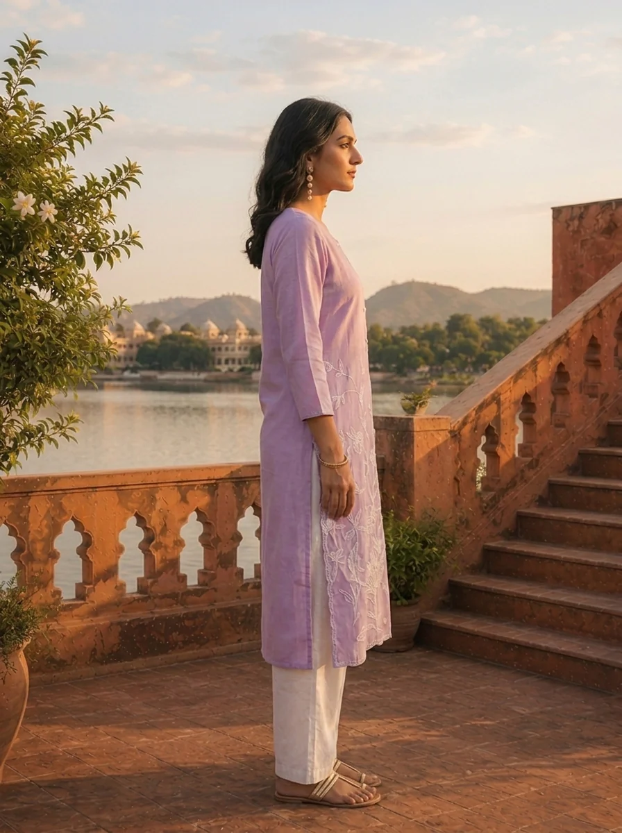 Lavender Rayon Tonal Floral Embroidered Kurta - Image 3