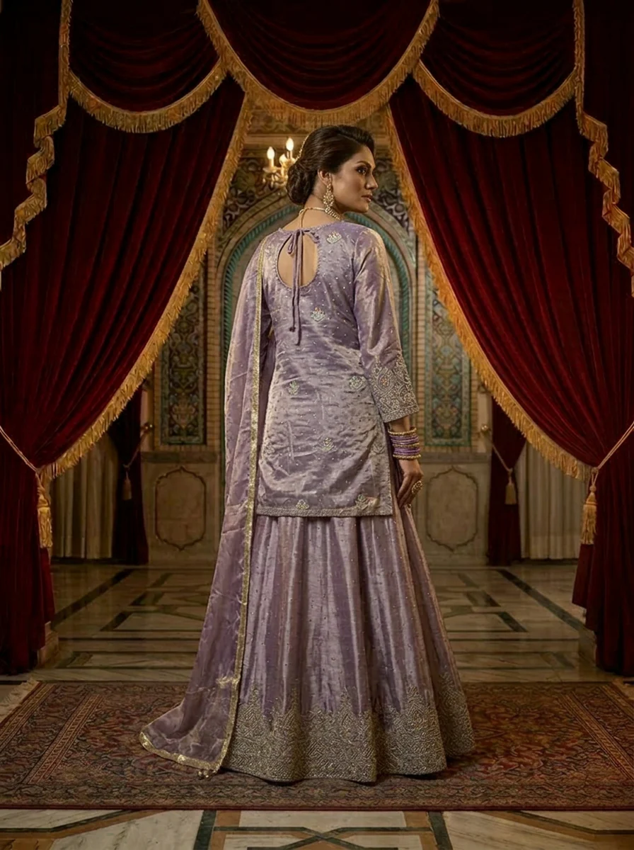Lavender Silk Embroidery Palazzo Set With Dupatta - Image 2