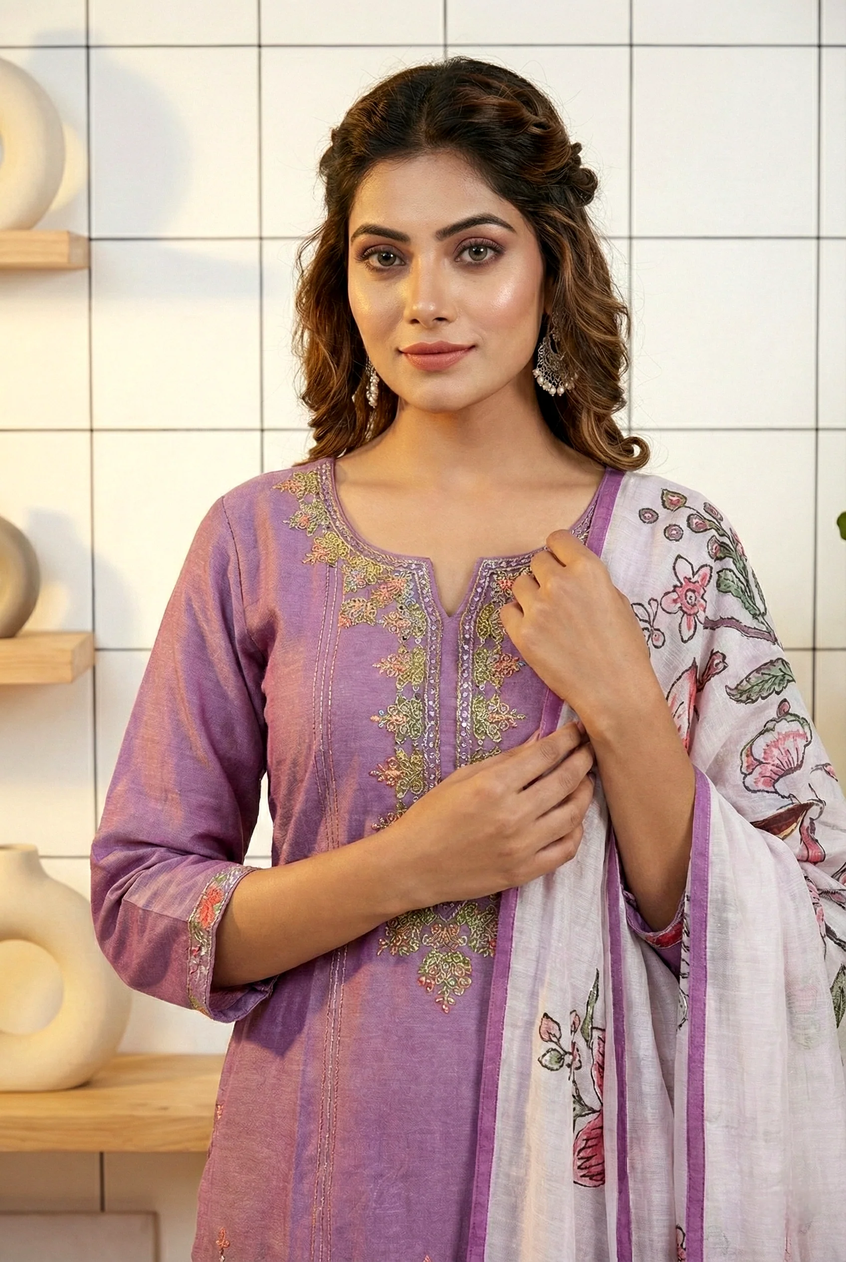 Lavender Silk Hand Embroidery Three Piece Set - Image 2