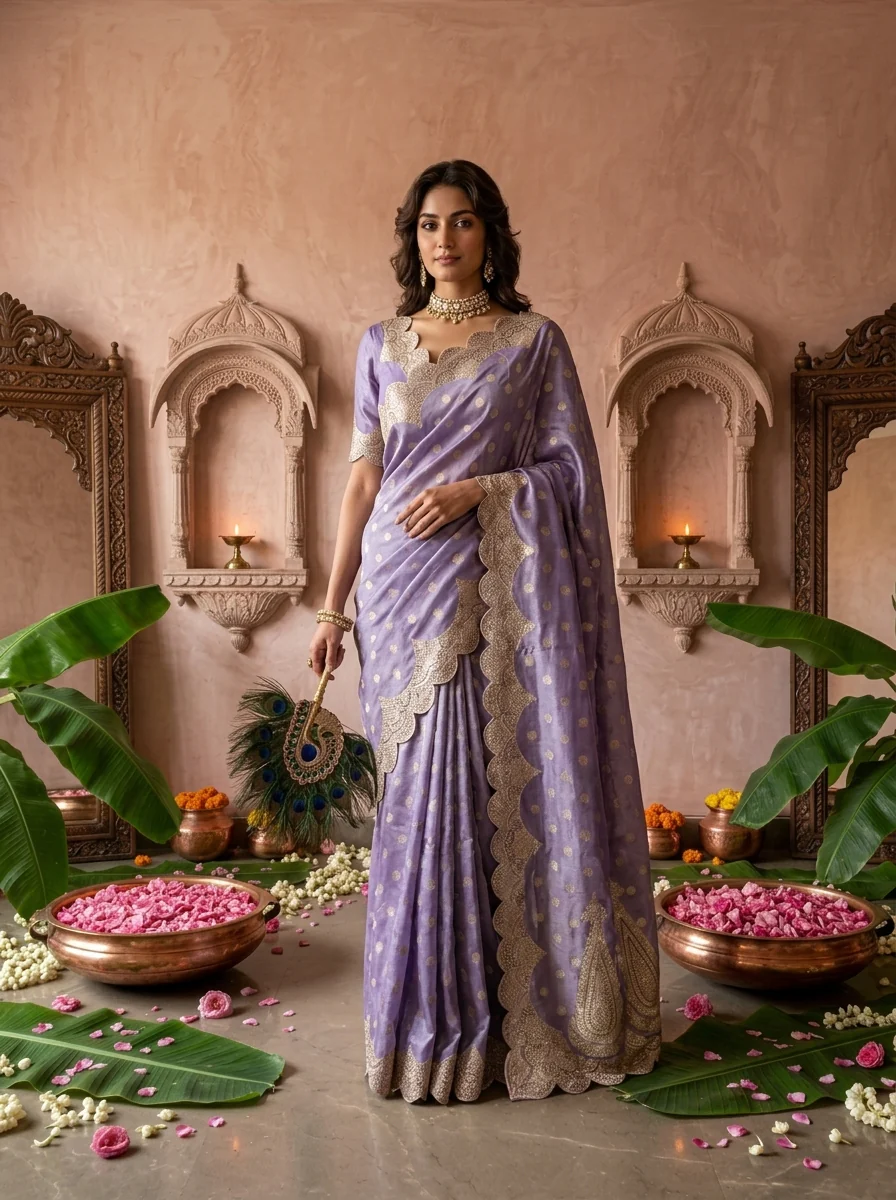 Lavender Silk Paisley Design Weaved Saree