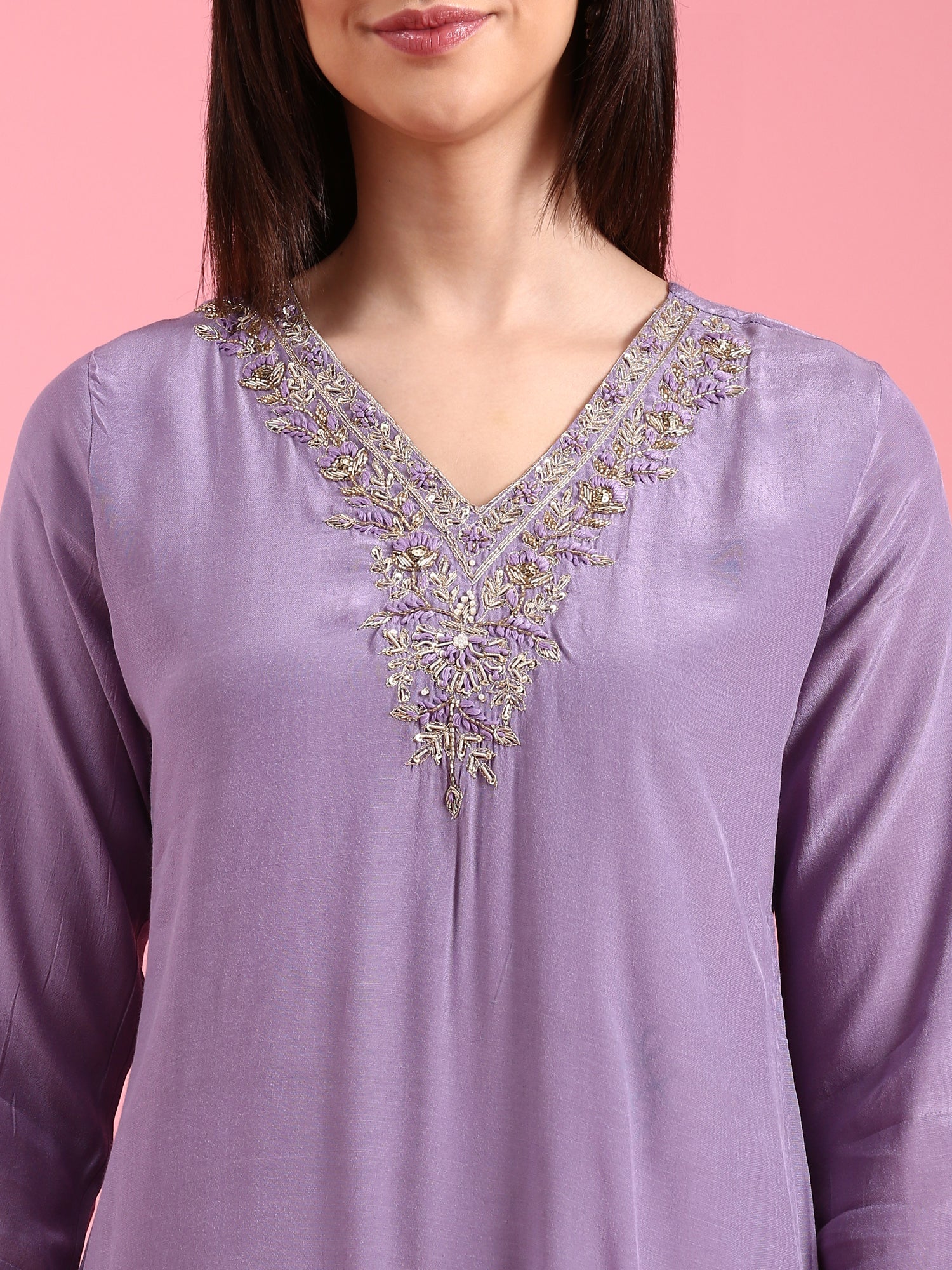 Lavender Viscose Embroidery Three Piece Suit Set - Image 4