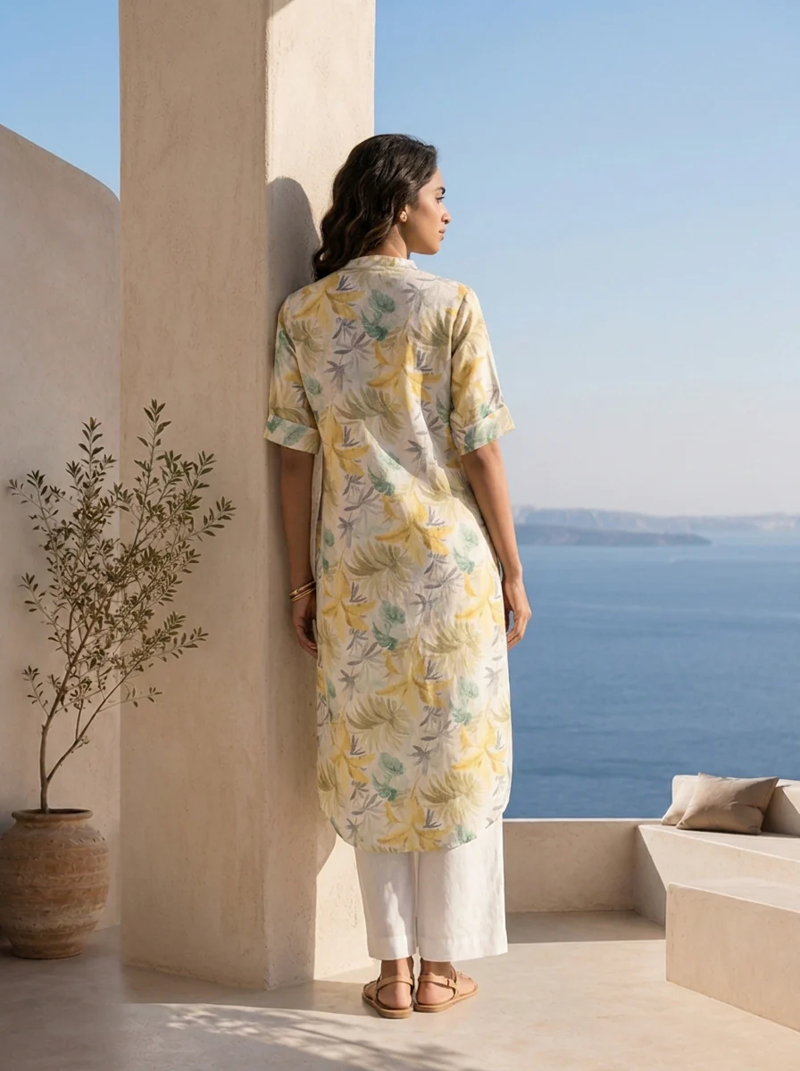 Lemon And White Linen Fabric Printed Kurta - Image 2
