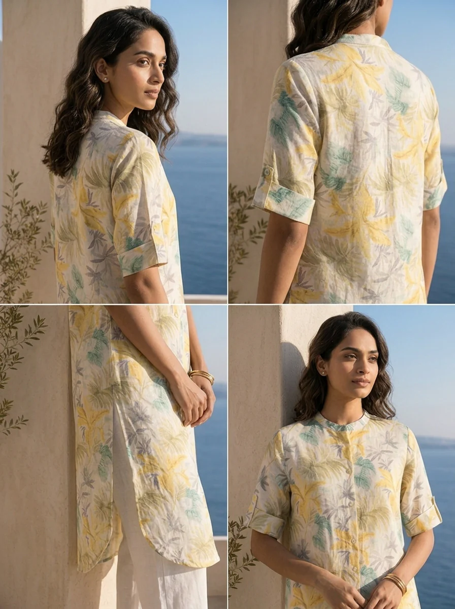 Lemon And White Linen Fabric Printed Kurta - Image 5