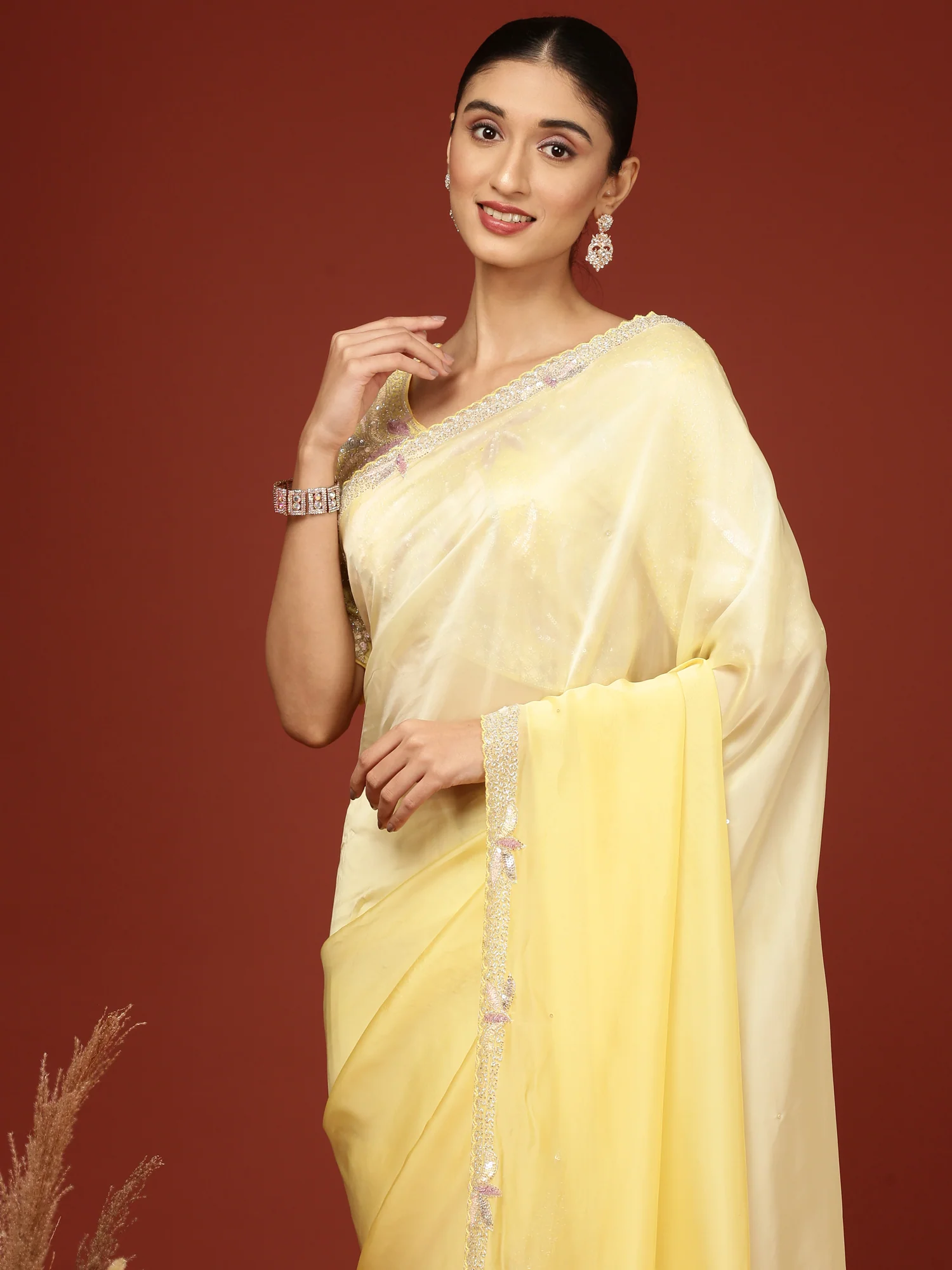 Lemon Crepe Sequins Saree With Readymade Blouse - Image 4