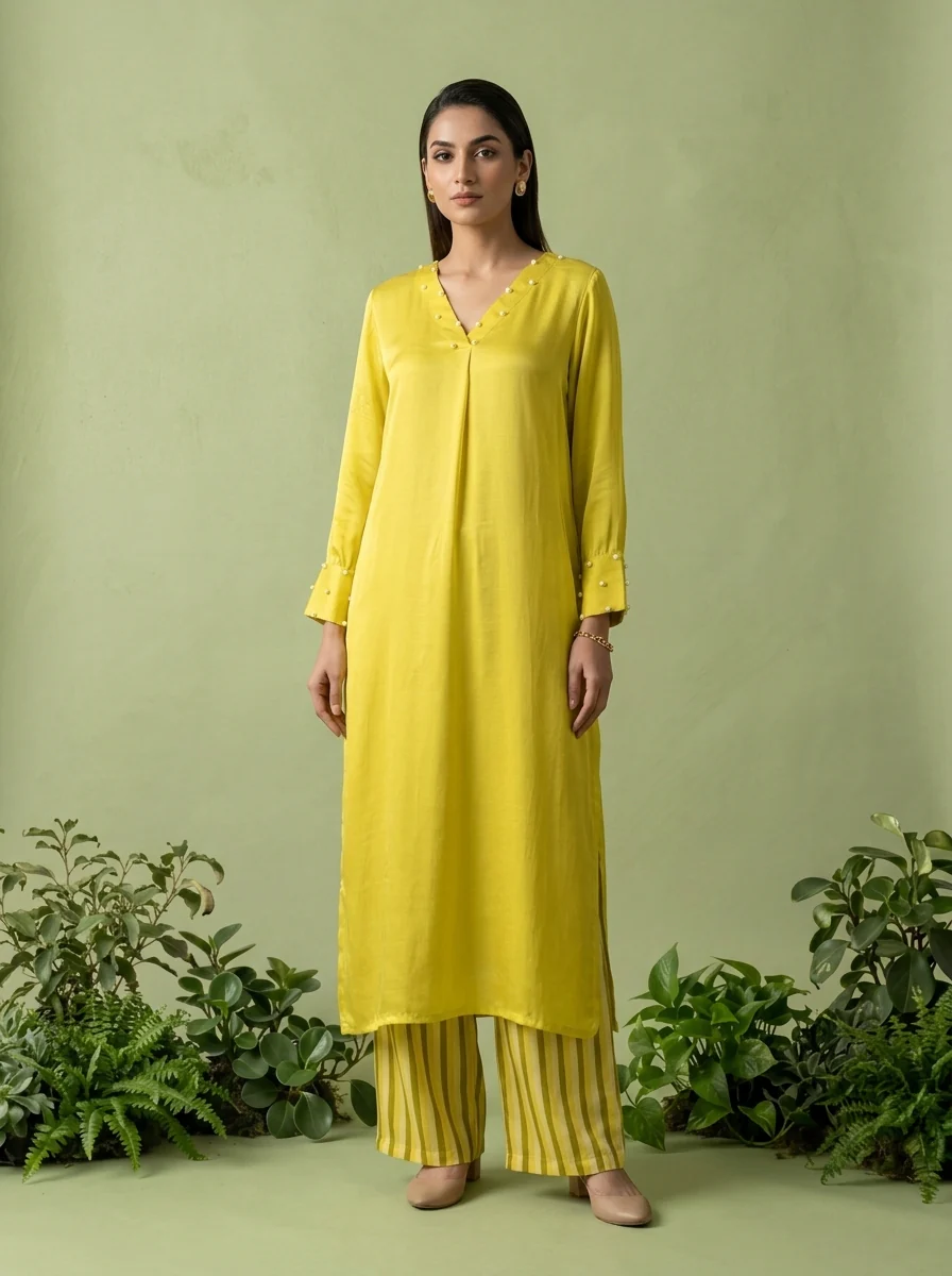 Lemon Linen And Satin Two Piece Set - Image 2