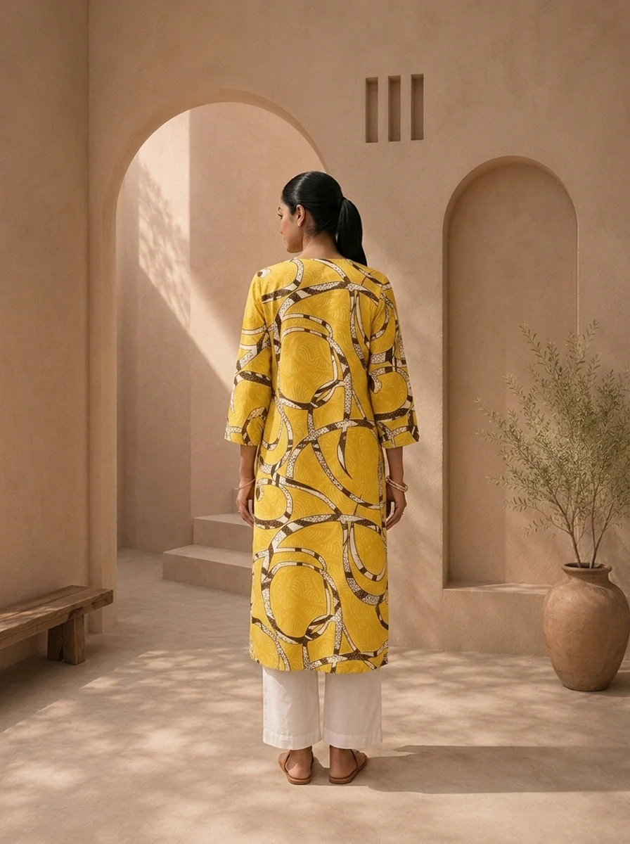 Lemon Rayon Abstract Geometric Printed Kurta - Image 2