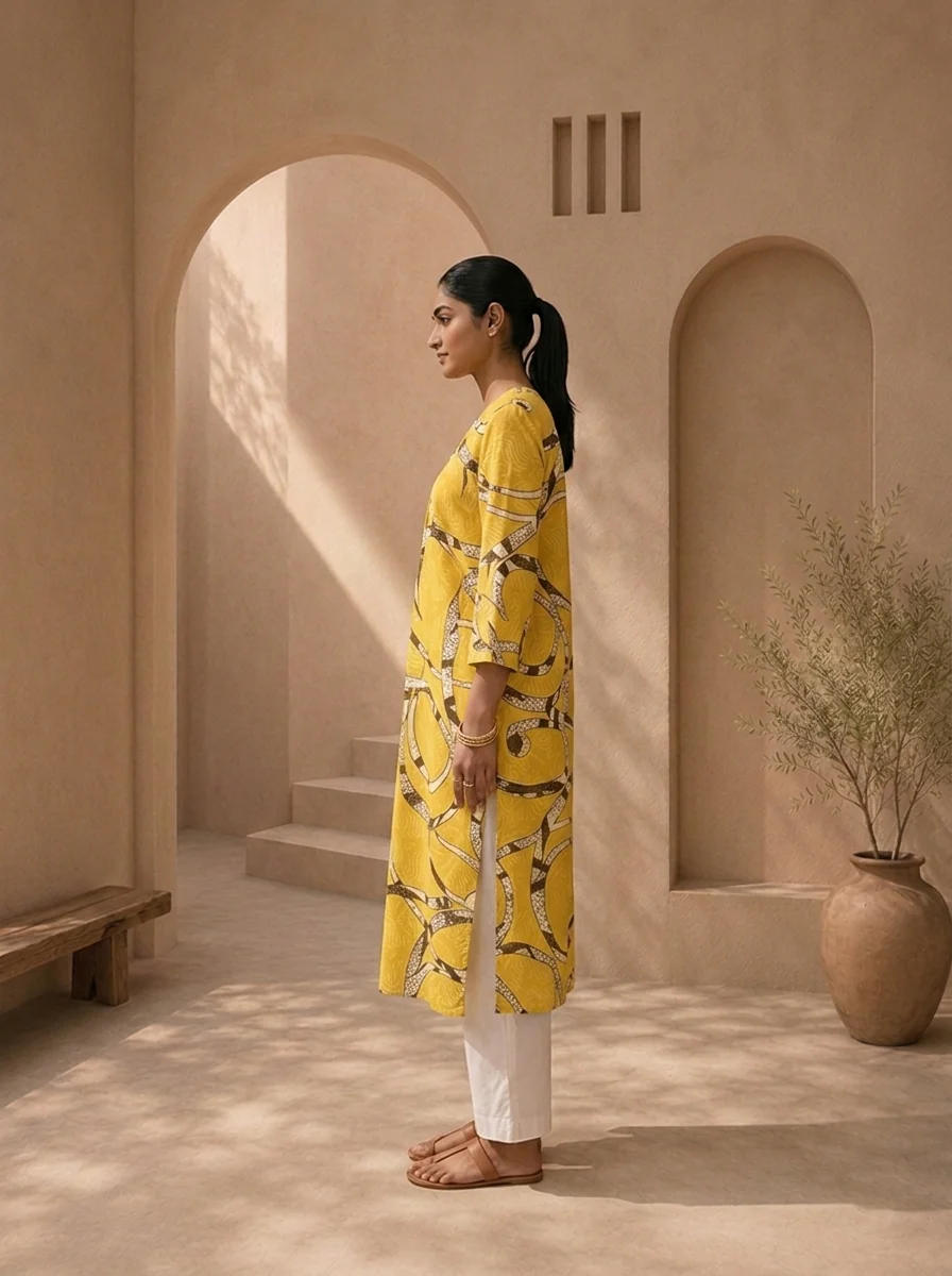 Lemon Rayon Abstract Geometric Printed Kurta - Image 3