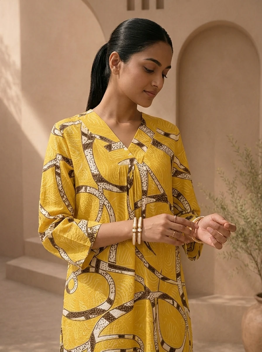 Lemon Rayon Abstract Geometric Printed Kurta - Image 4