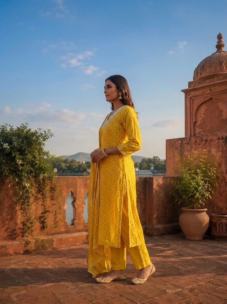 Lemon Silk Printed Three Piece Set - Image 3