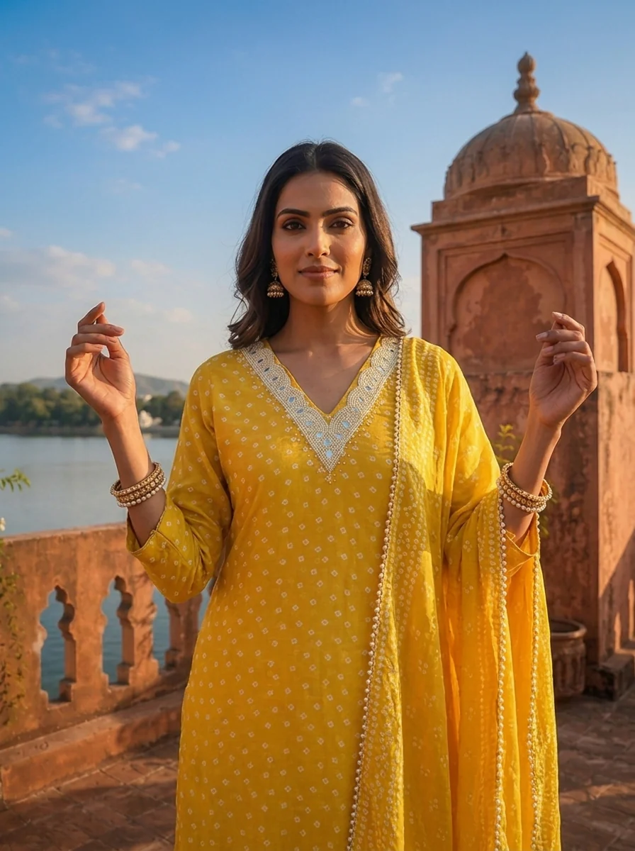Lemon Silk Printed Three Piece Set - Image 4