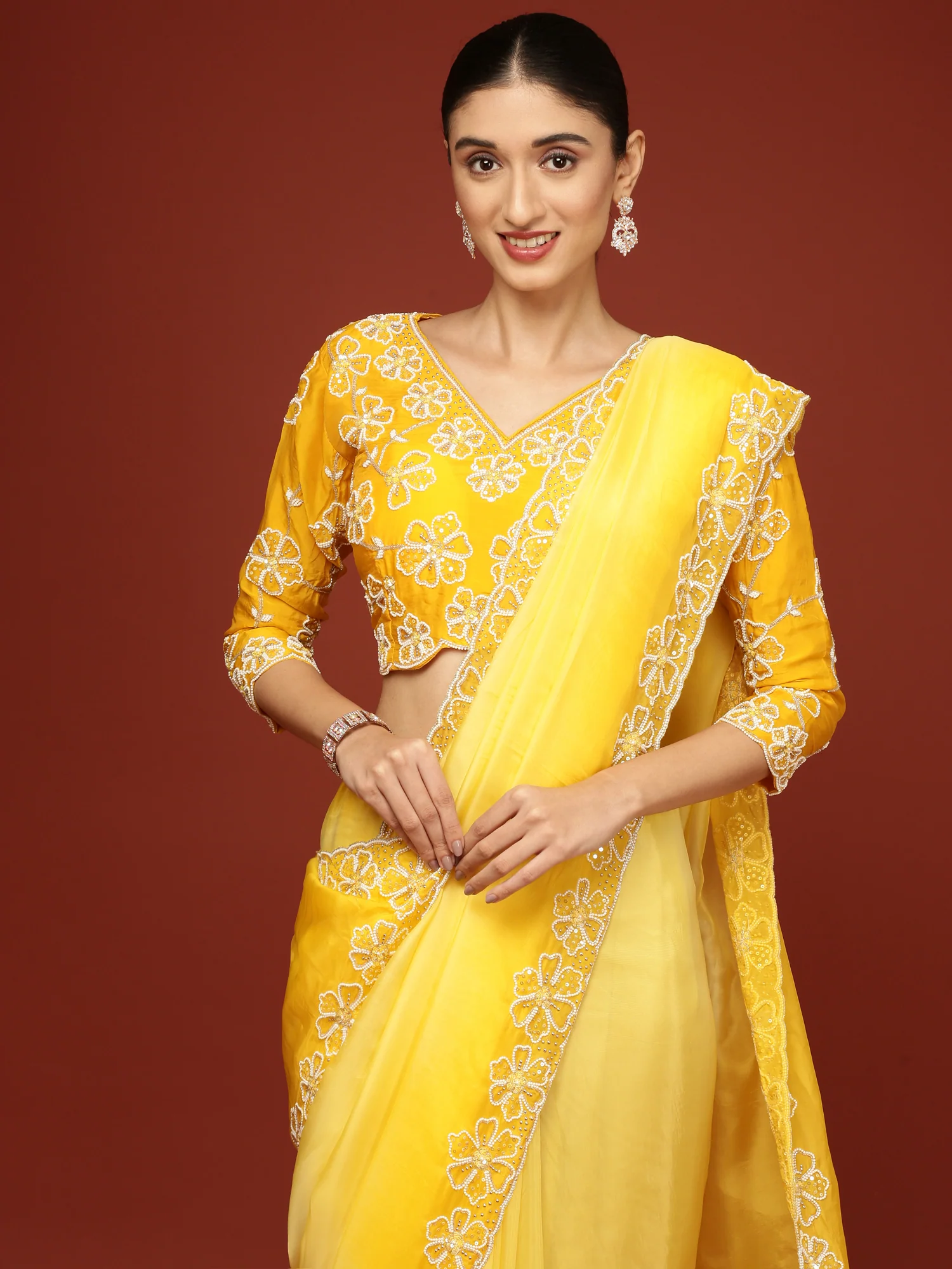 Lemon Silk Saree With Stone Work Readymade Blouse - Image 4