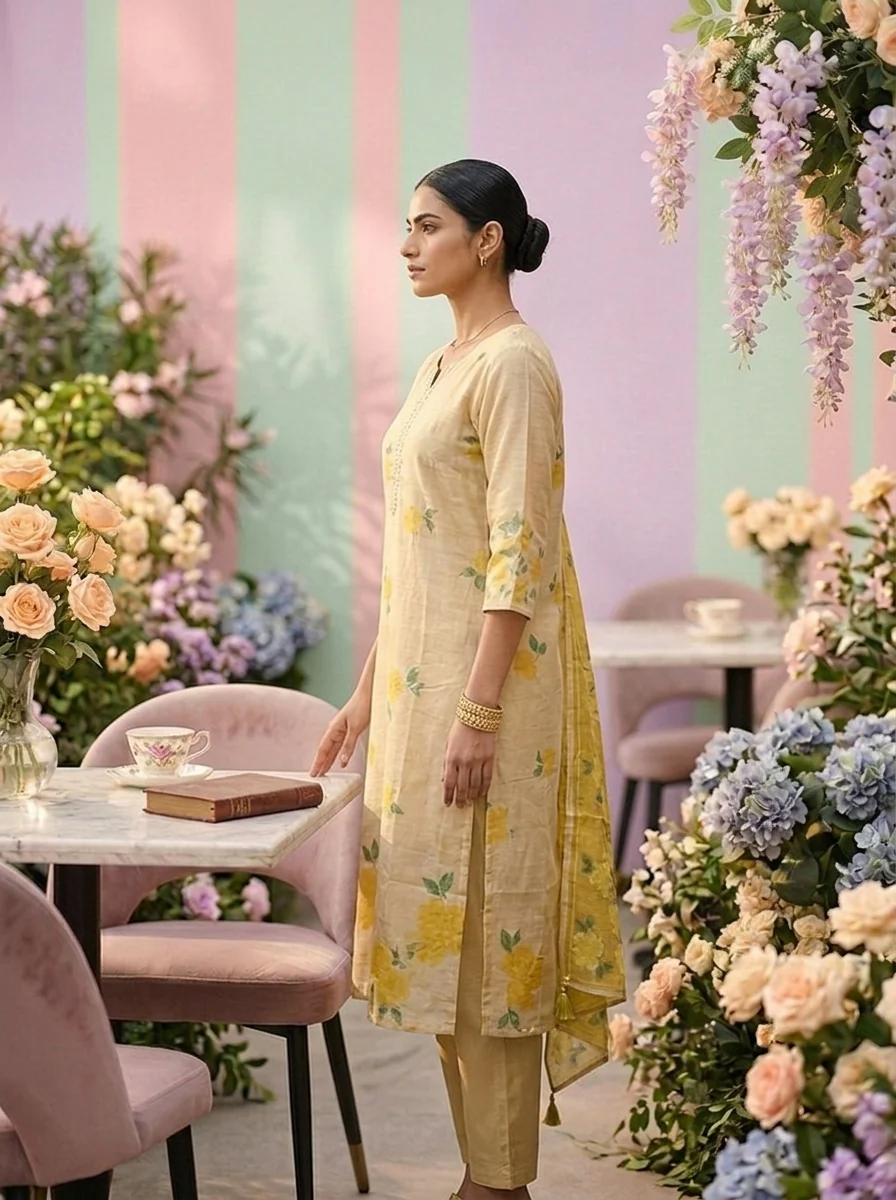 Lemon Tissue Floral Digital Printed Three Piece Set - Image 3