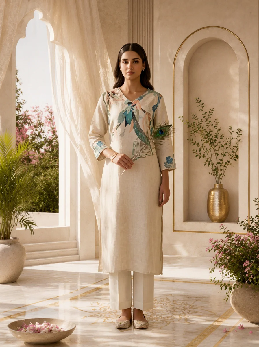 Light Beige Printed And Solid Design Linen Kurta - Image 3