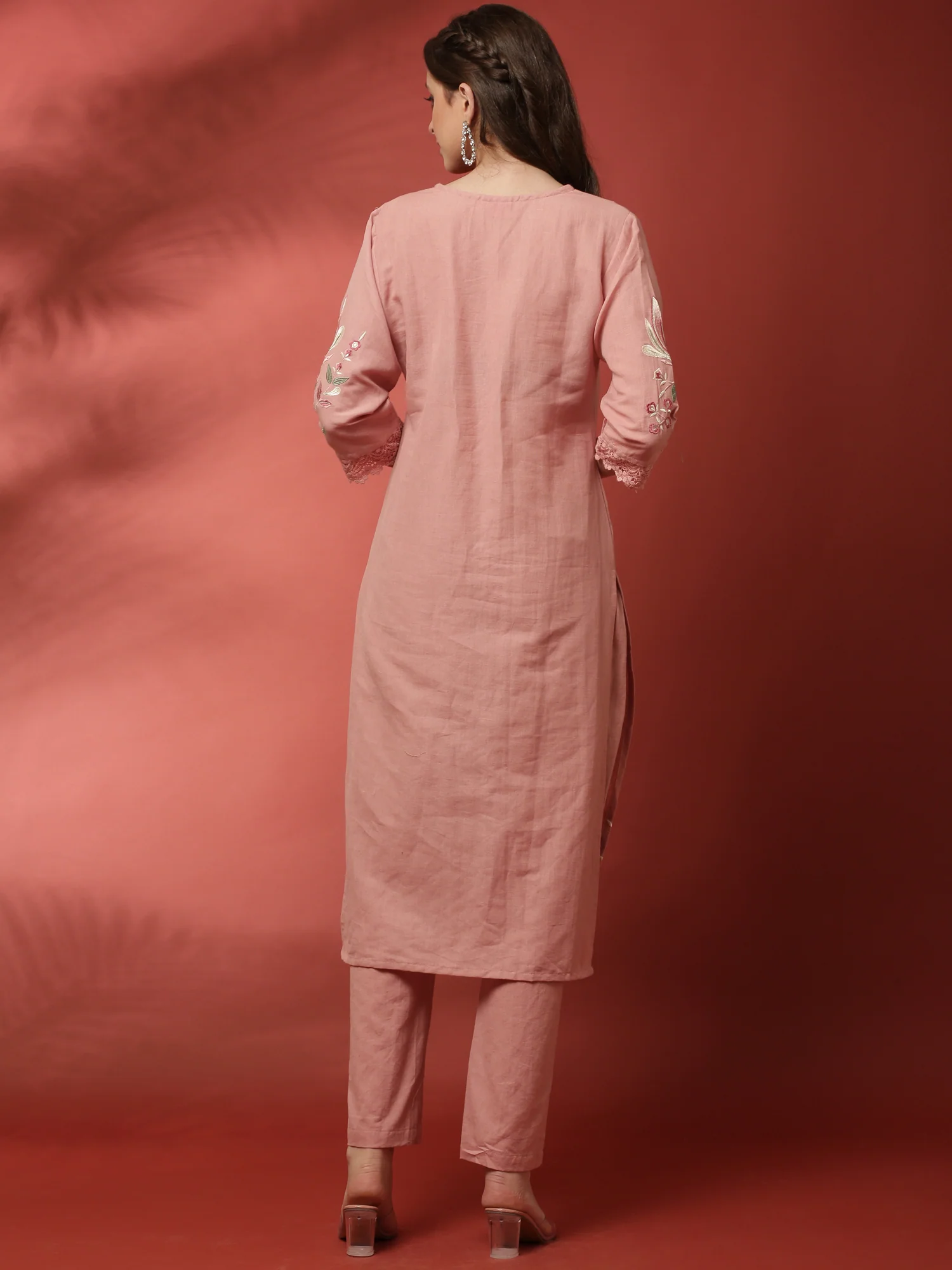 Light pink linen thread embroidery two piece suit set - Image 3