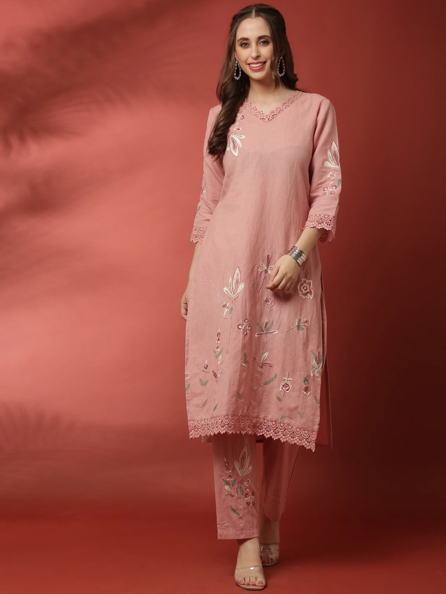 Light pink linen thread embroidery two piece suit set - Image 5