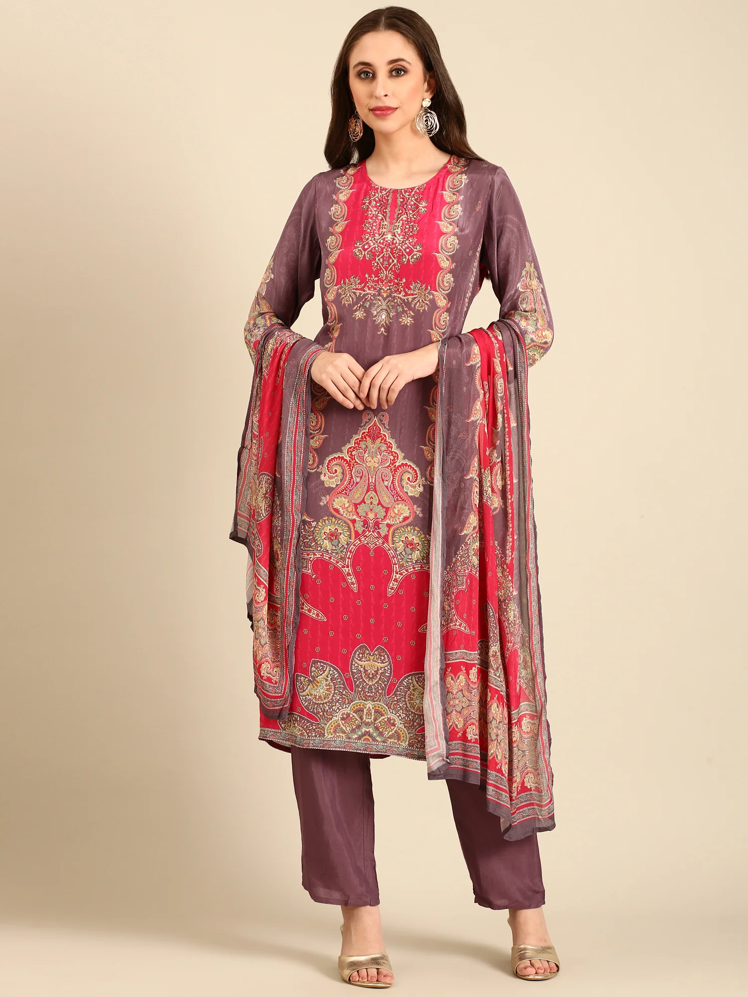 Light purple Digital printed three piece Crepe suit set - Image 2
