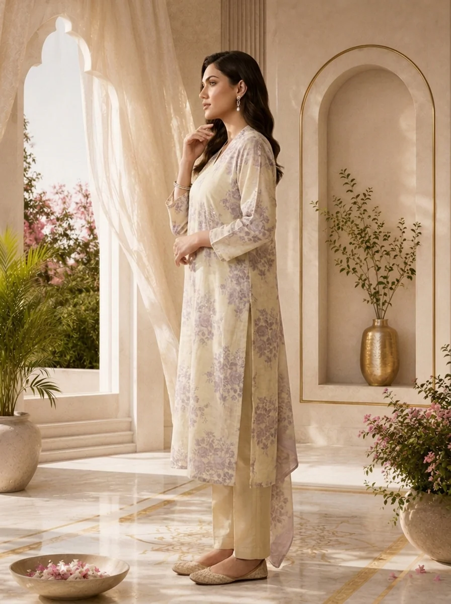 Lilac And Cream Floral Printed Linen Three Piece Set - Image 4