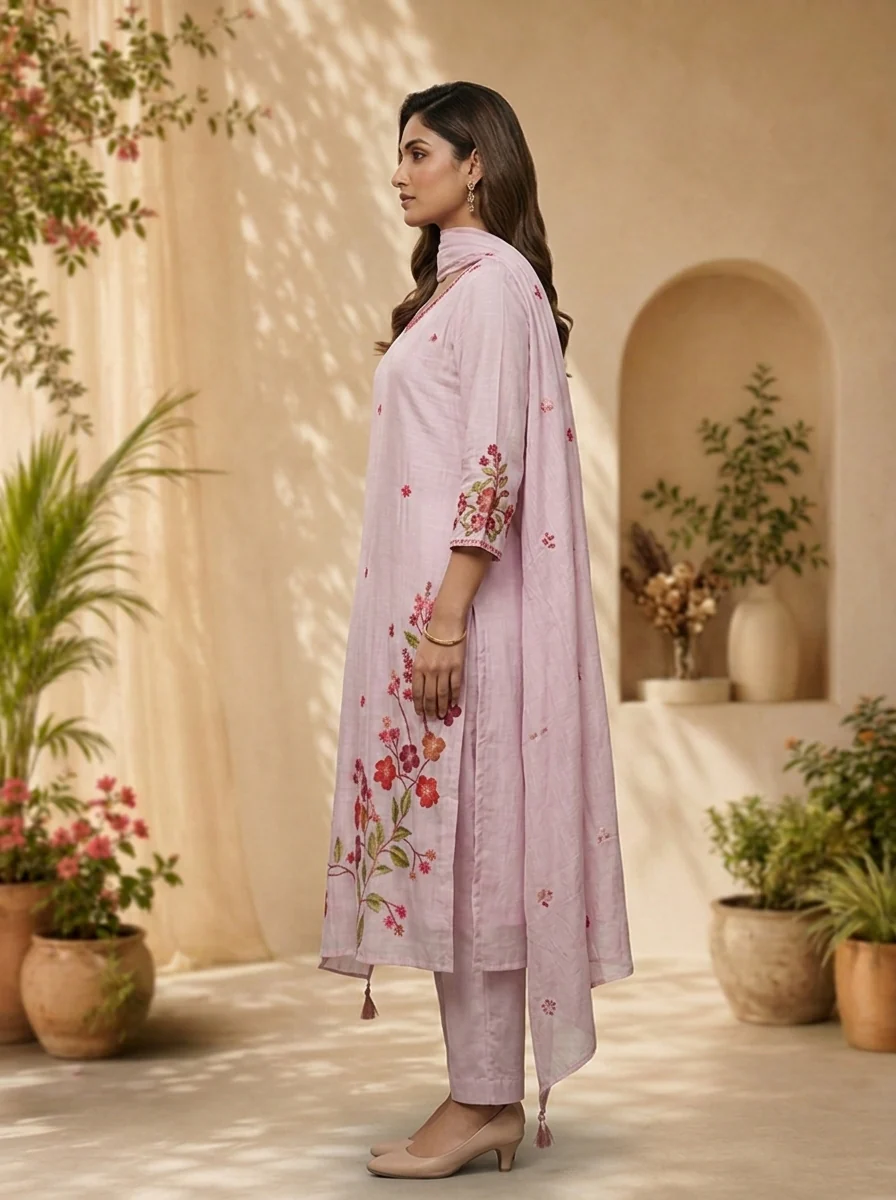 Lilac Chanderi Sequins Embroidery And Solid Design Three Piece Set - Image 4