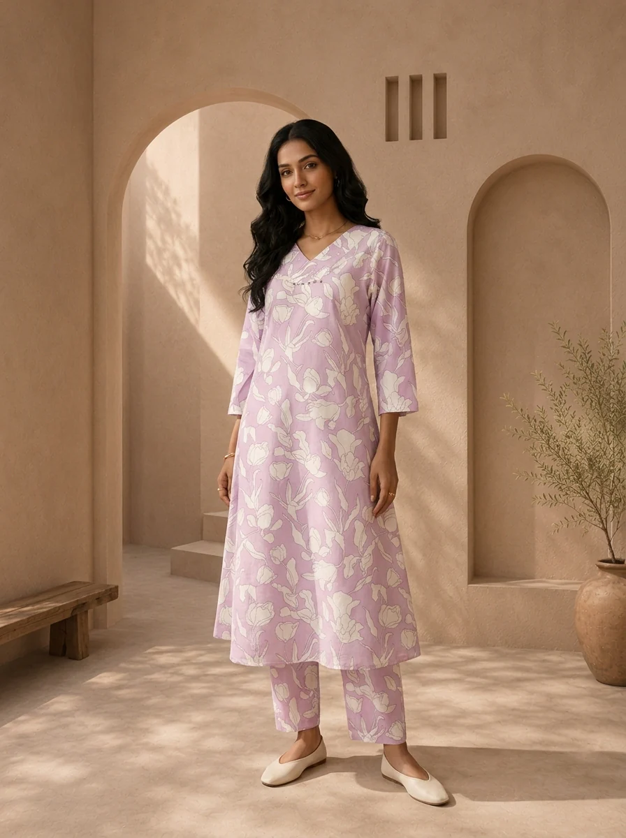 Lilac Cotton Line-Art Tulip Floral Printed Two Piece Set