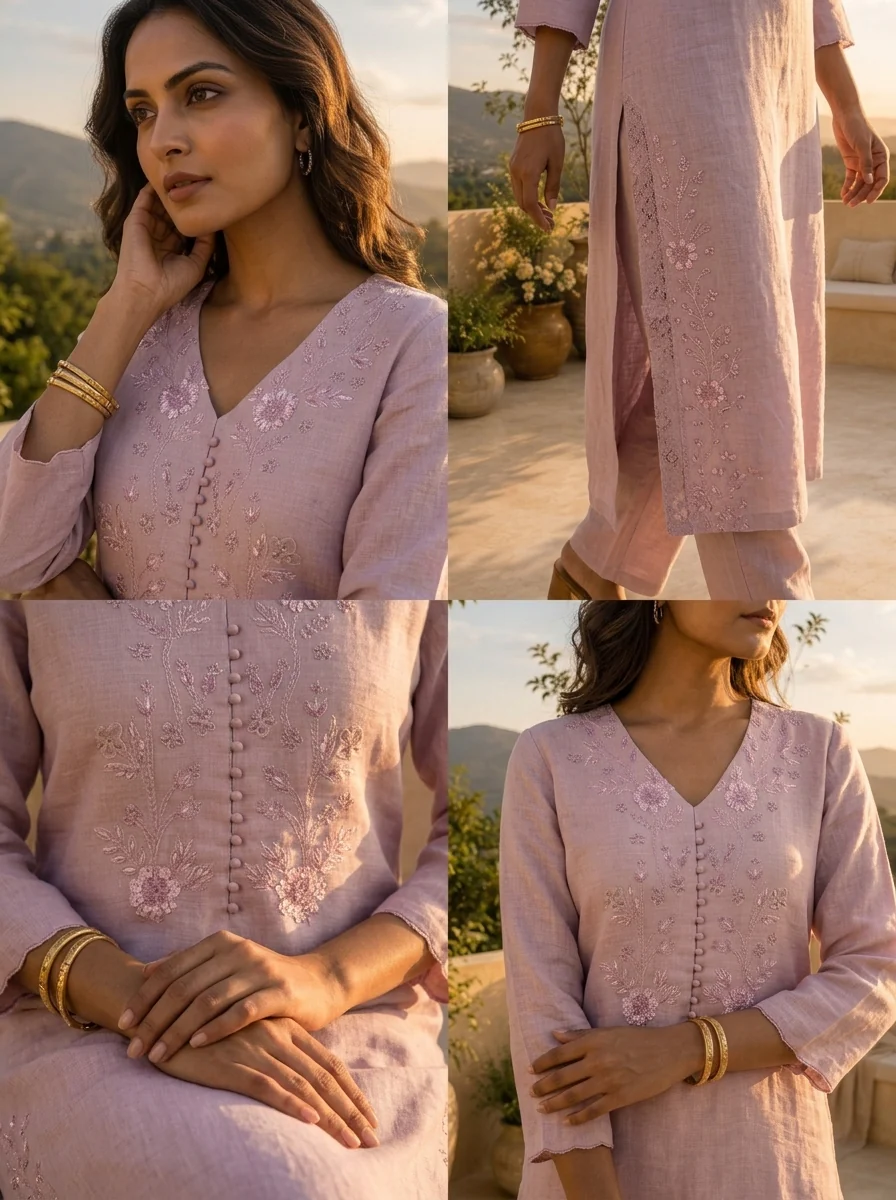 Lilac Linen Floral Ombre Embroidery Two Piece Set - Image 5