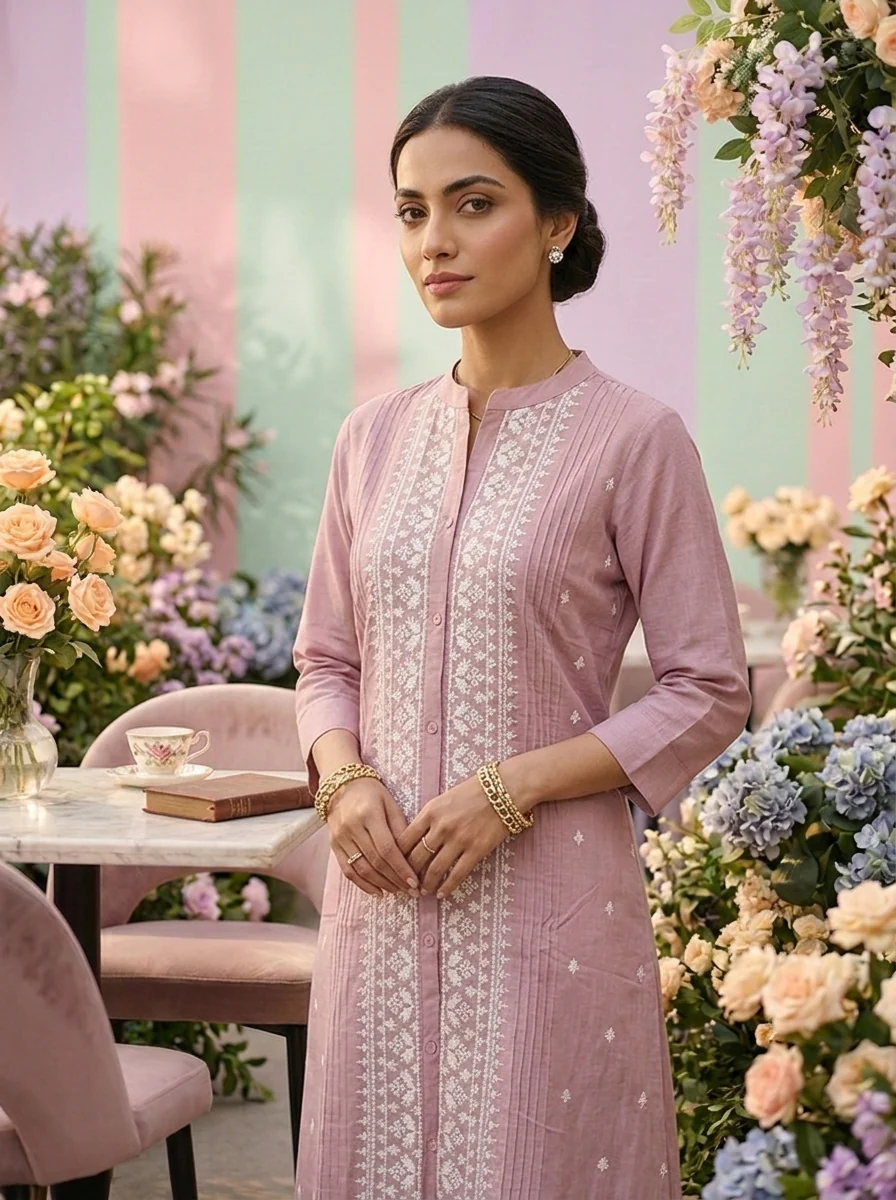 Lilac Muslin Hand Embroidery Kurta - Image 5