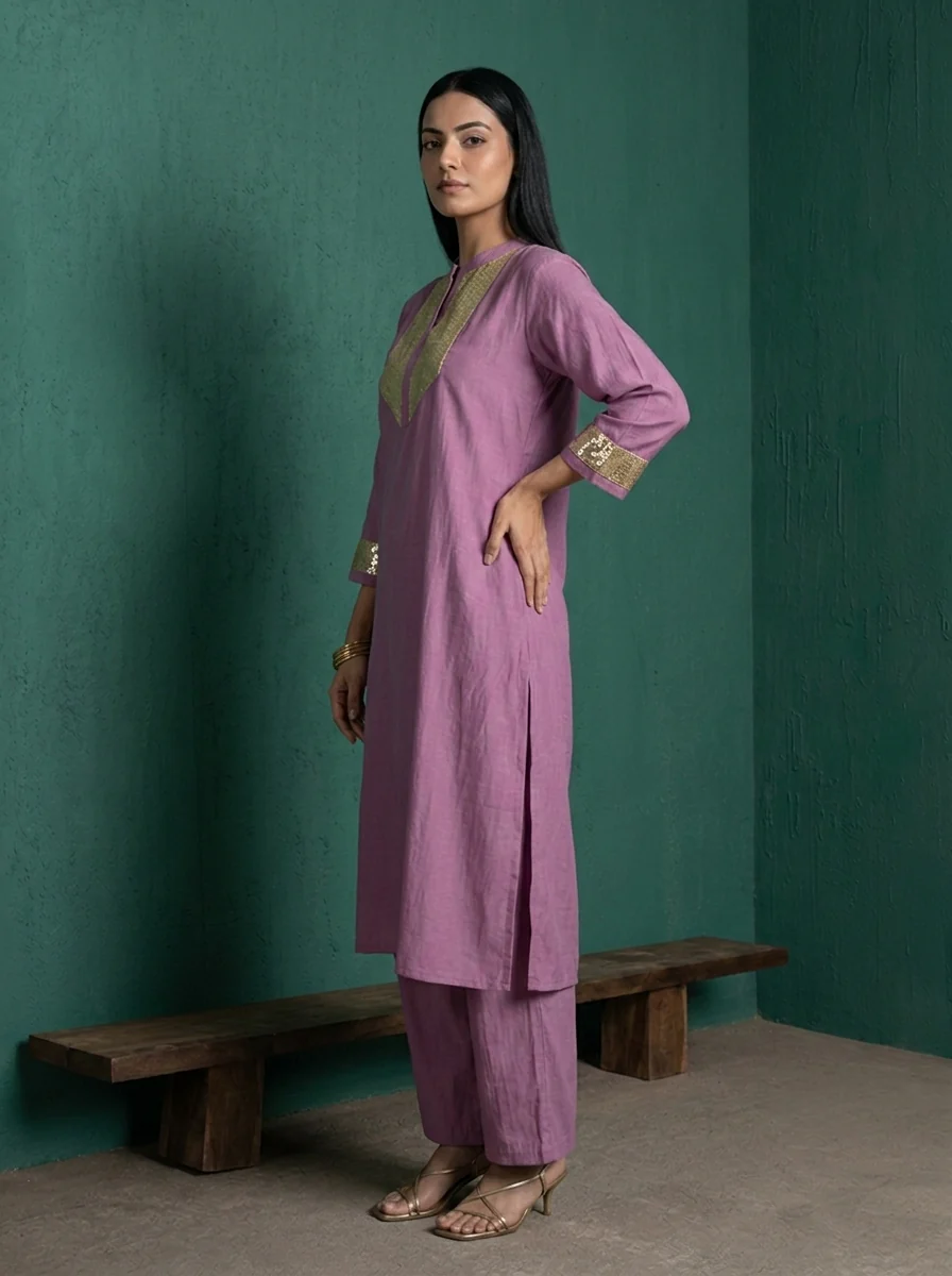 Lilac Muslin Solid With Gold Sequin Two Piece Set - Image 3