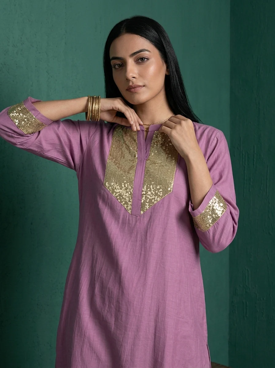 Lilac Muslin Solid With Gold Sequin Two Piece Set - Image 4