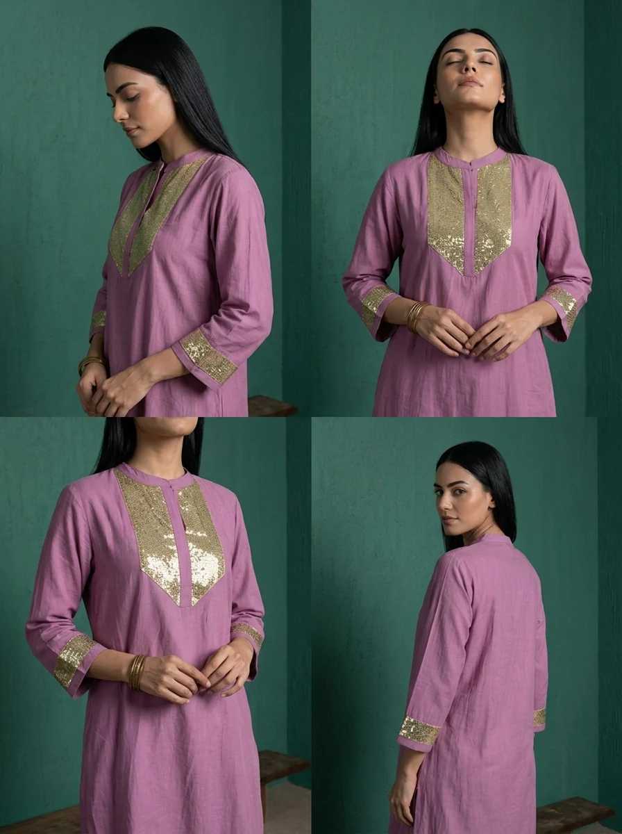 Lilac Muslin Solid With Gold Sequin Two Piece Set - Image 5