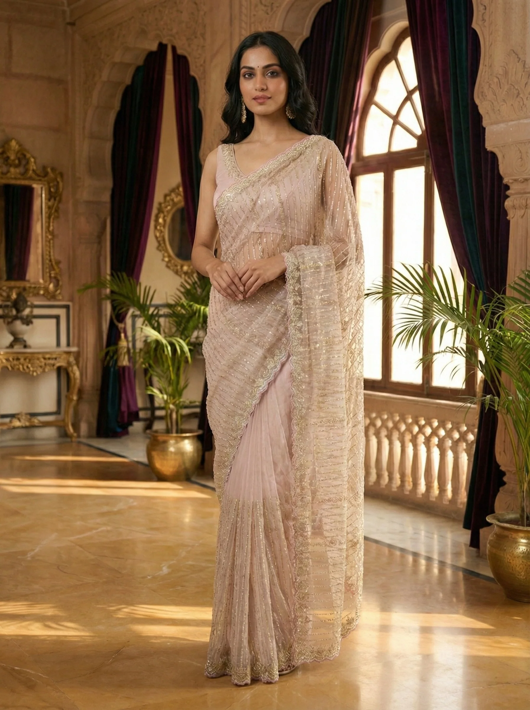 Lilac Net Heavy Hand Embroidery Saree - Image 2