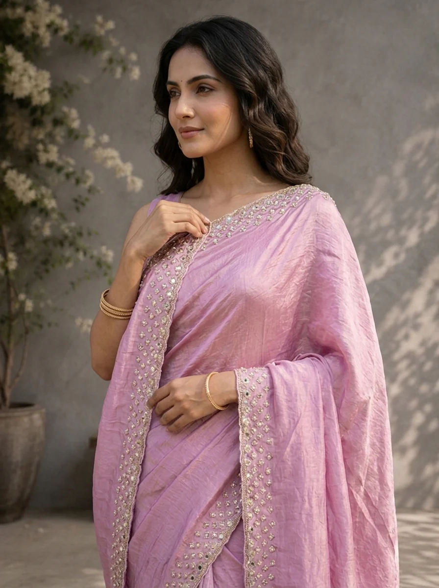 Lilac Organza Solid Saree With Mirror And Pearl Border - Image 3