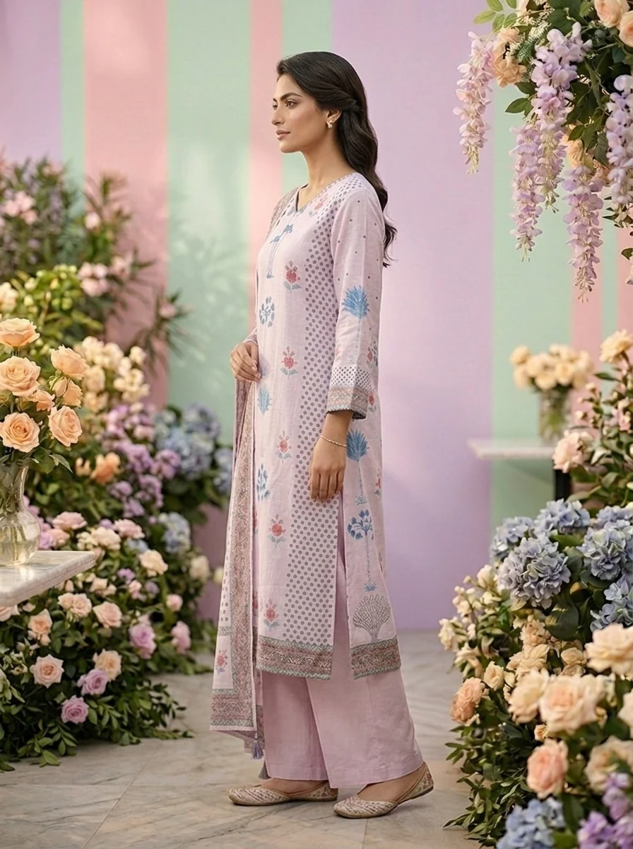Lilac Rayon Floral Printed Three Piece Set - Image 3
