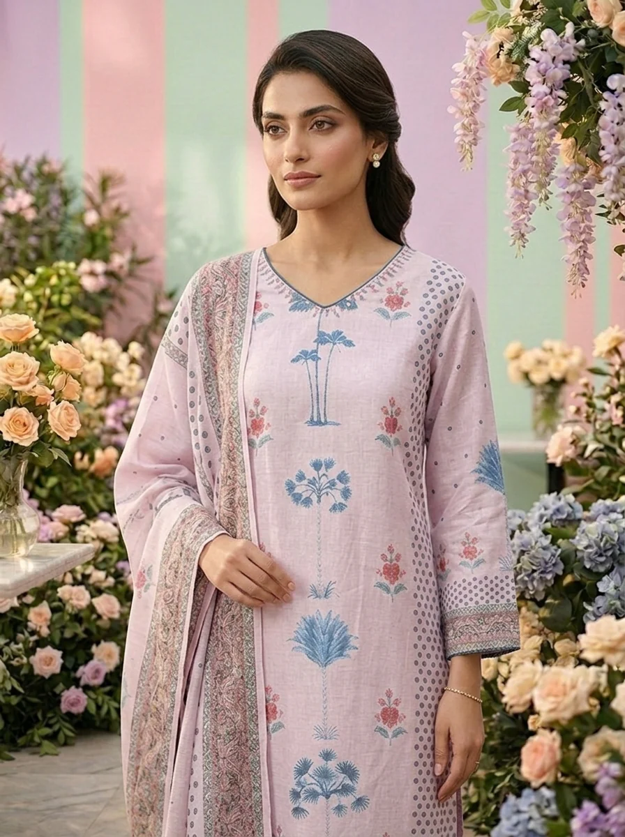 Lilac Rayon Floral Printed Three Piece Set - Image 4