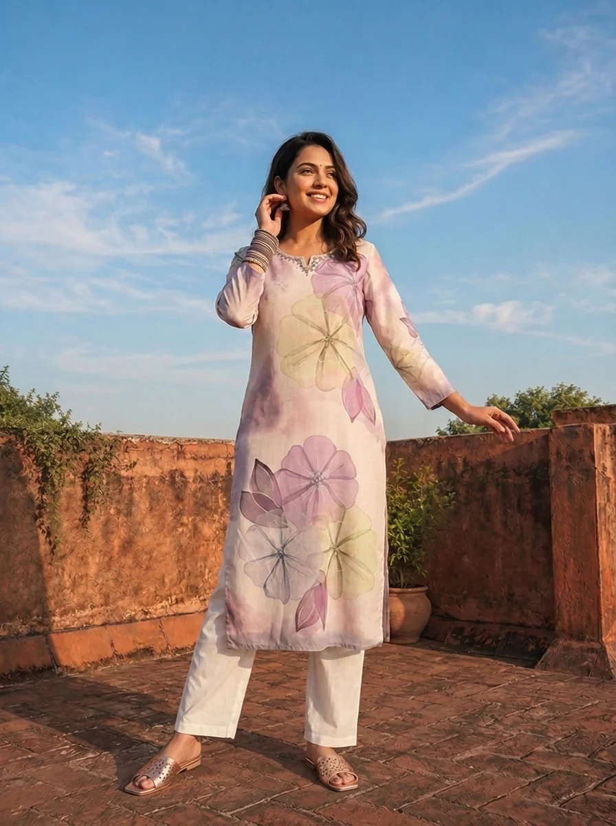Lilac Rayon Watercolor Floral Placement Printed Kurta - Image 2