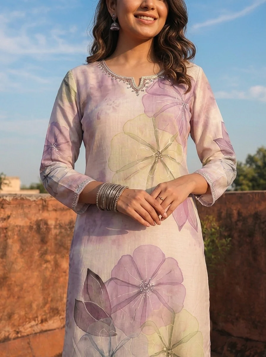 Lilac Rayon Watercolor Floral Placement Printed Kurta - Image 5