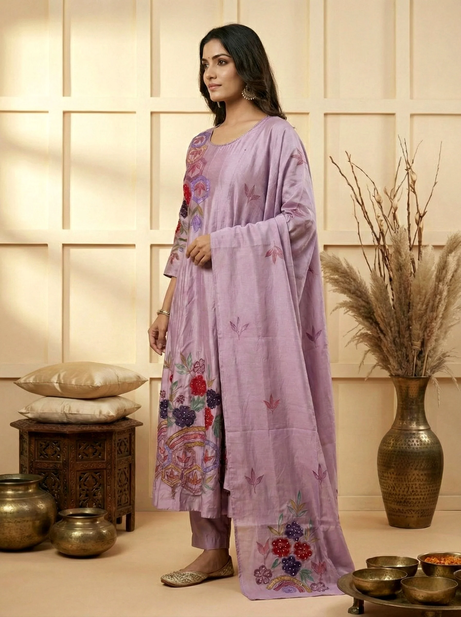 Lilac Silk Floral Hand Embroidery Three Piece Set - Image 2