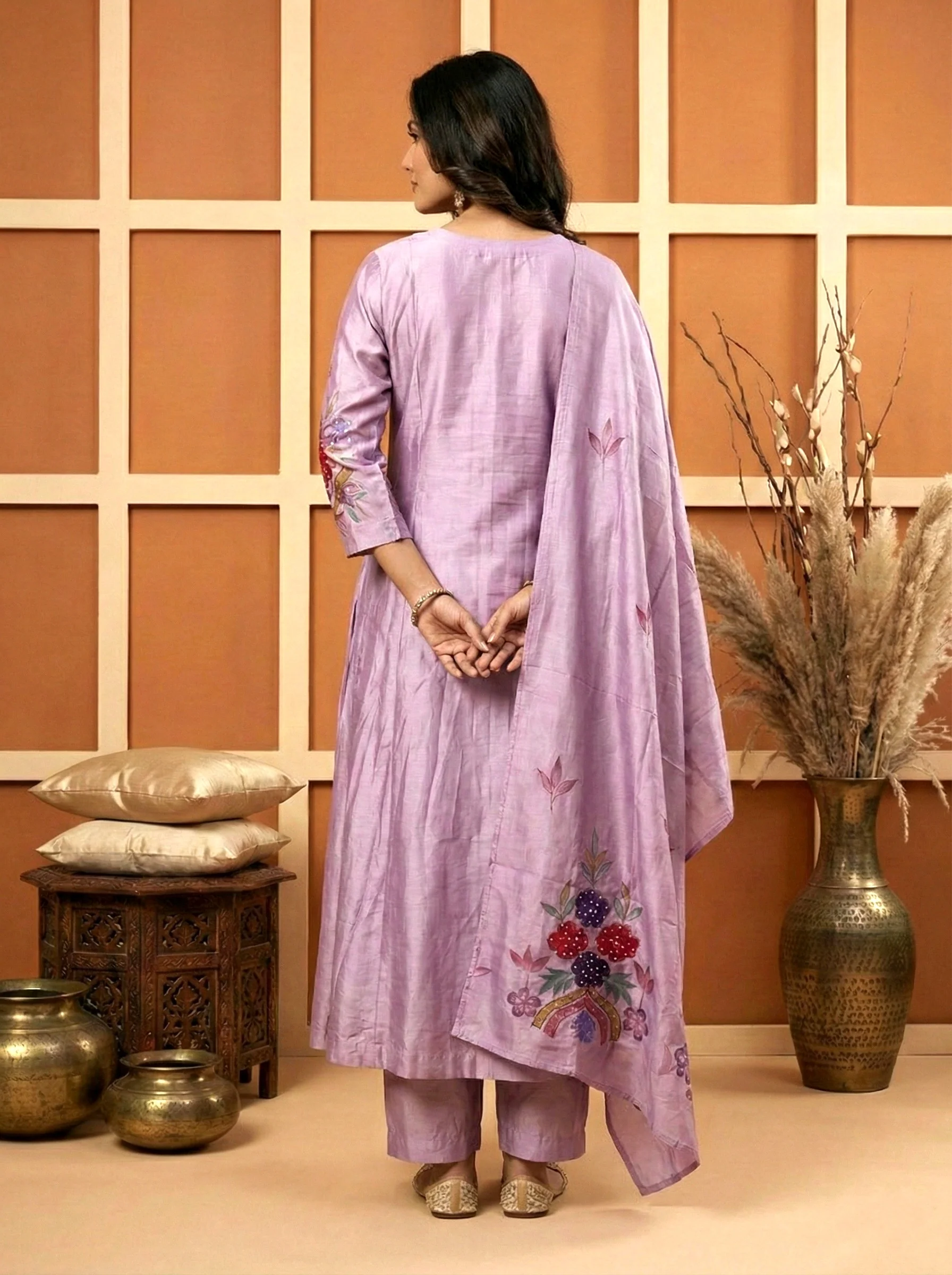 Lilac Silk Floral Hand Embroidery Three Piece Set - Image 3
