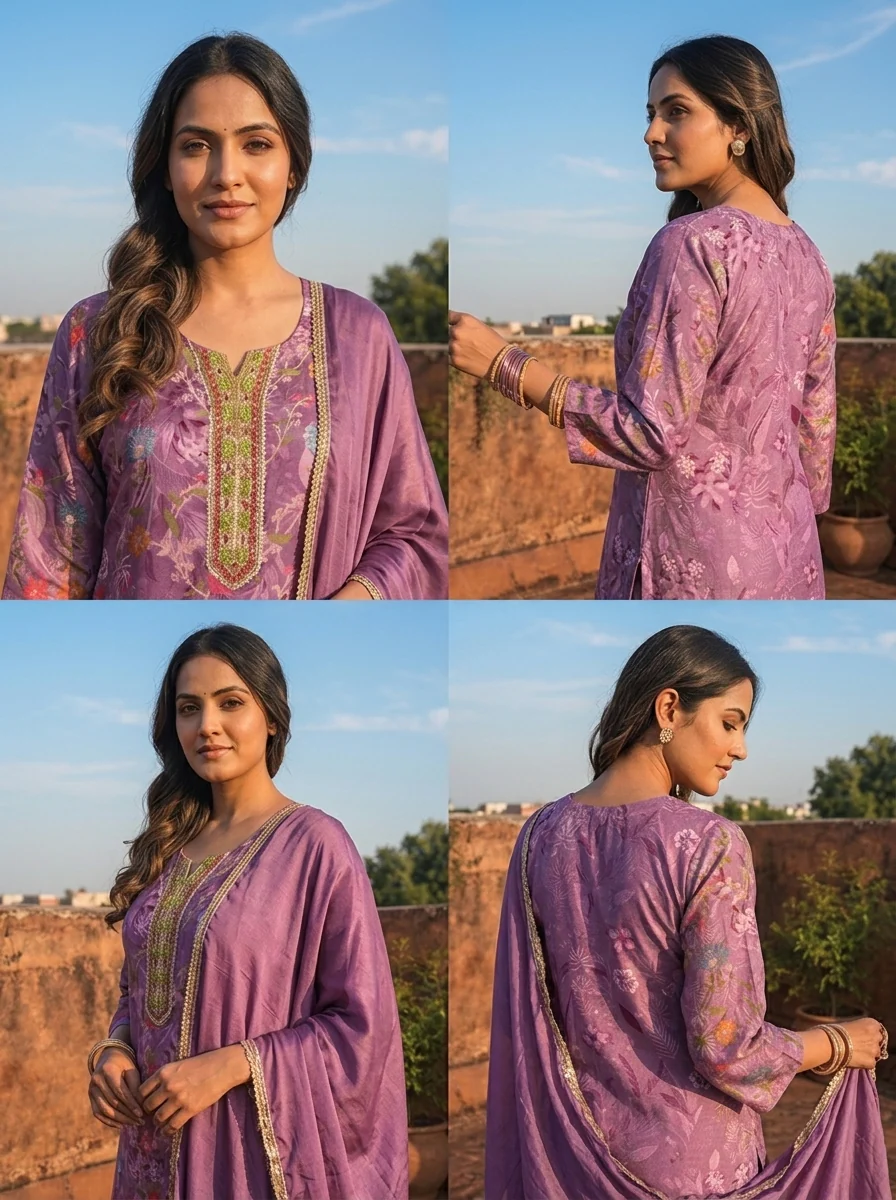 Lilac Silk Floral Printed Three Piece Set - Image 5