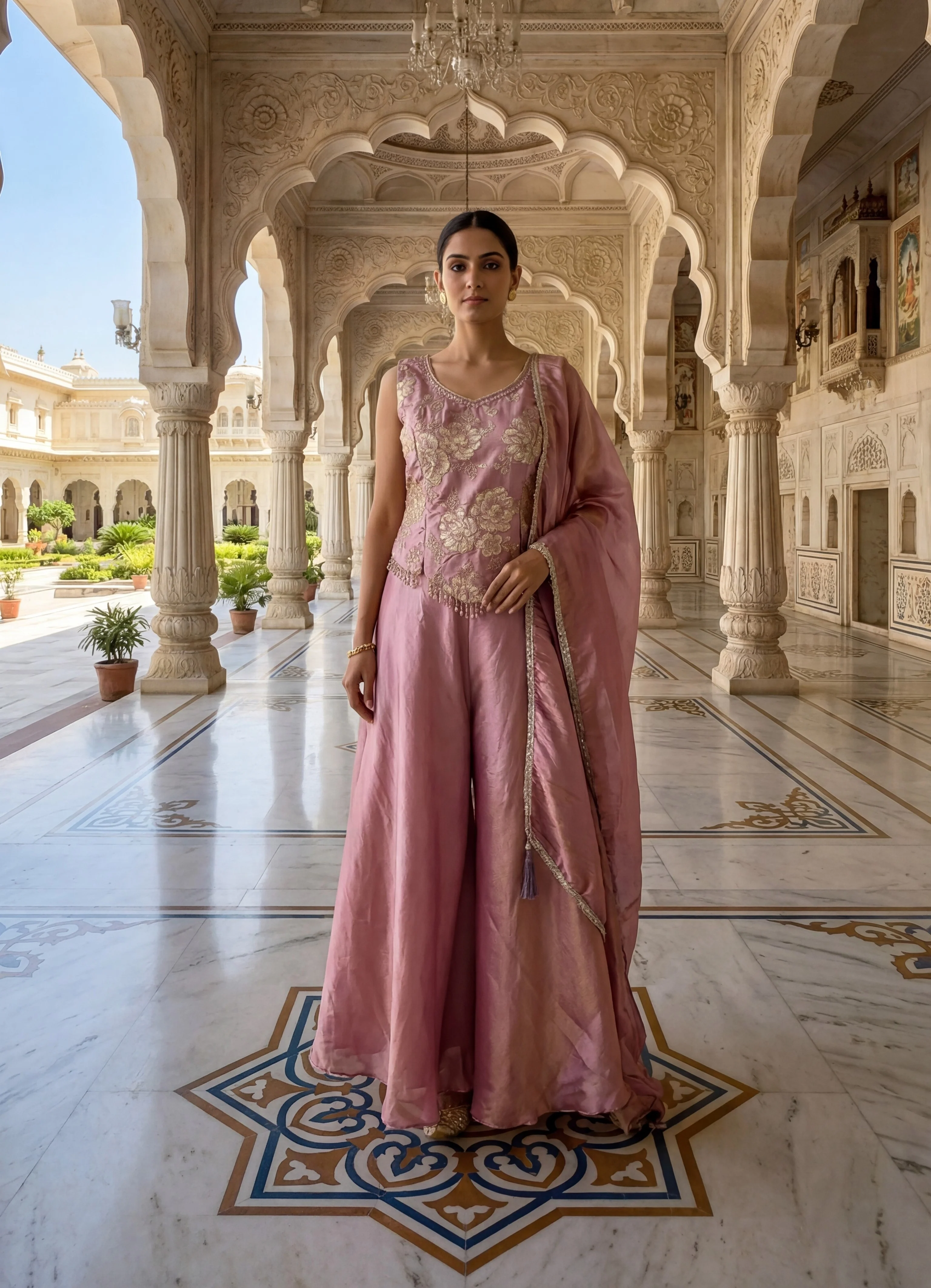 Lilac Tissue Beads And Zari Embroidery Kurti And Palazzo Set