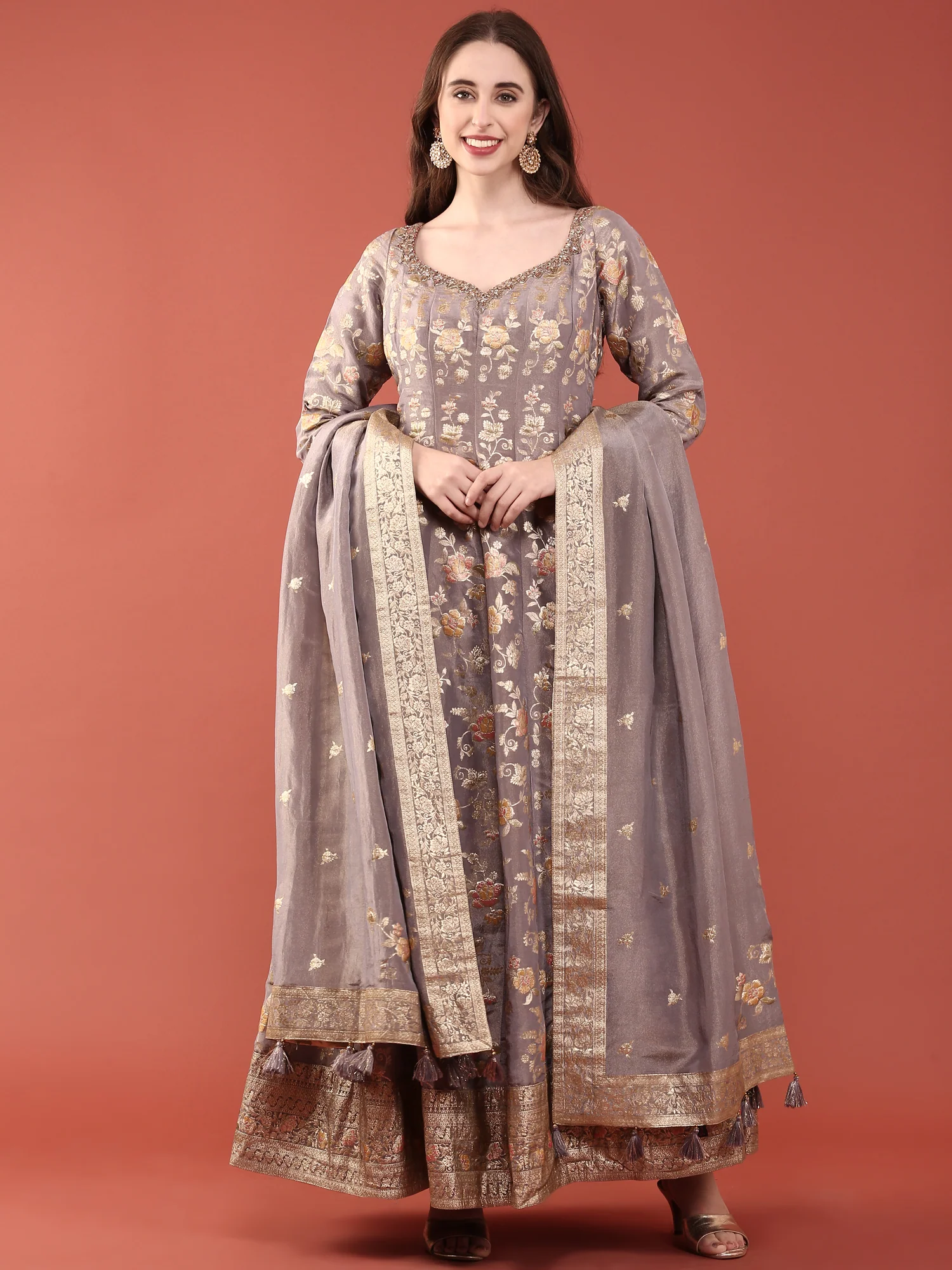 Lilac Tissue Floral Digital Print Anarkali Set