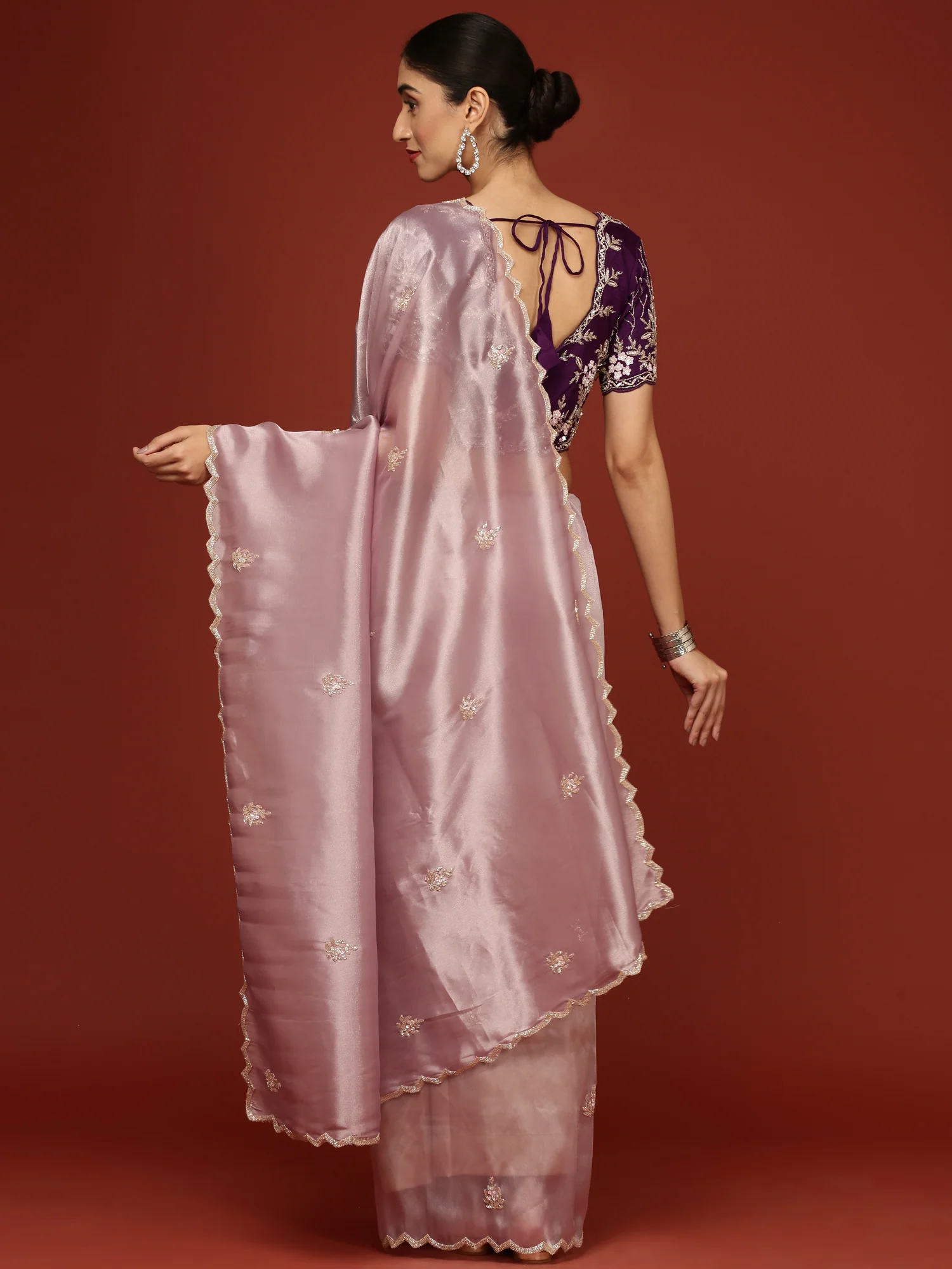 Lilac Tissue Hand Embroidery Saree With Stone Work Readymade Blouse - Image 2
