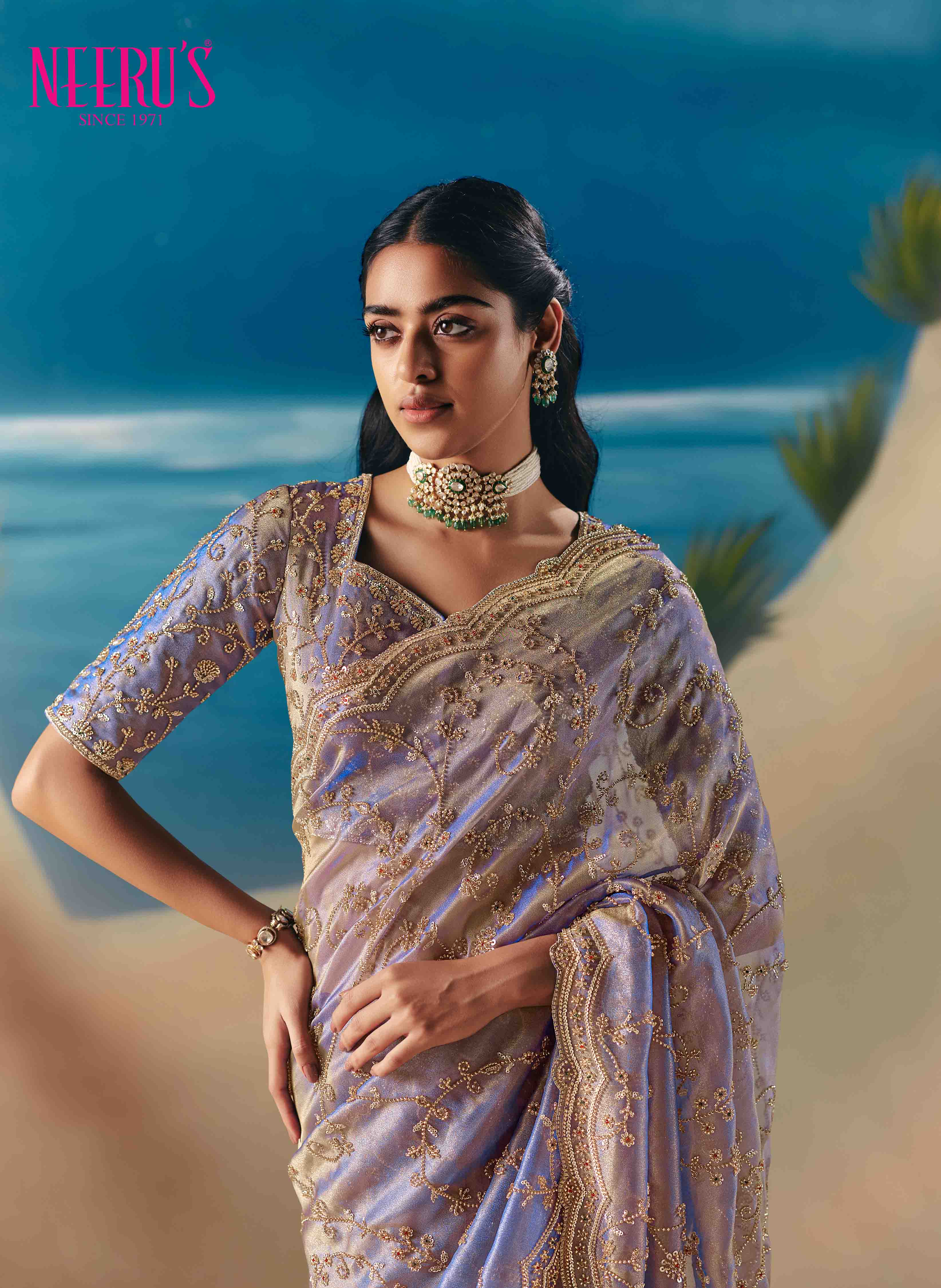 Lilac Tissue Saree With Heavy Hand Embroidery Work - Image 2