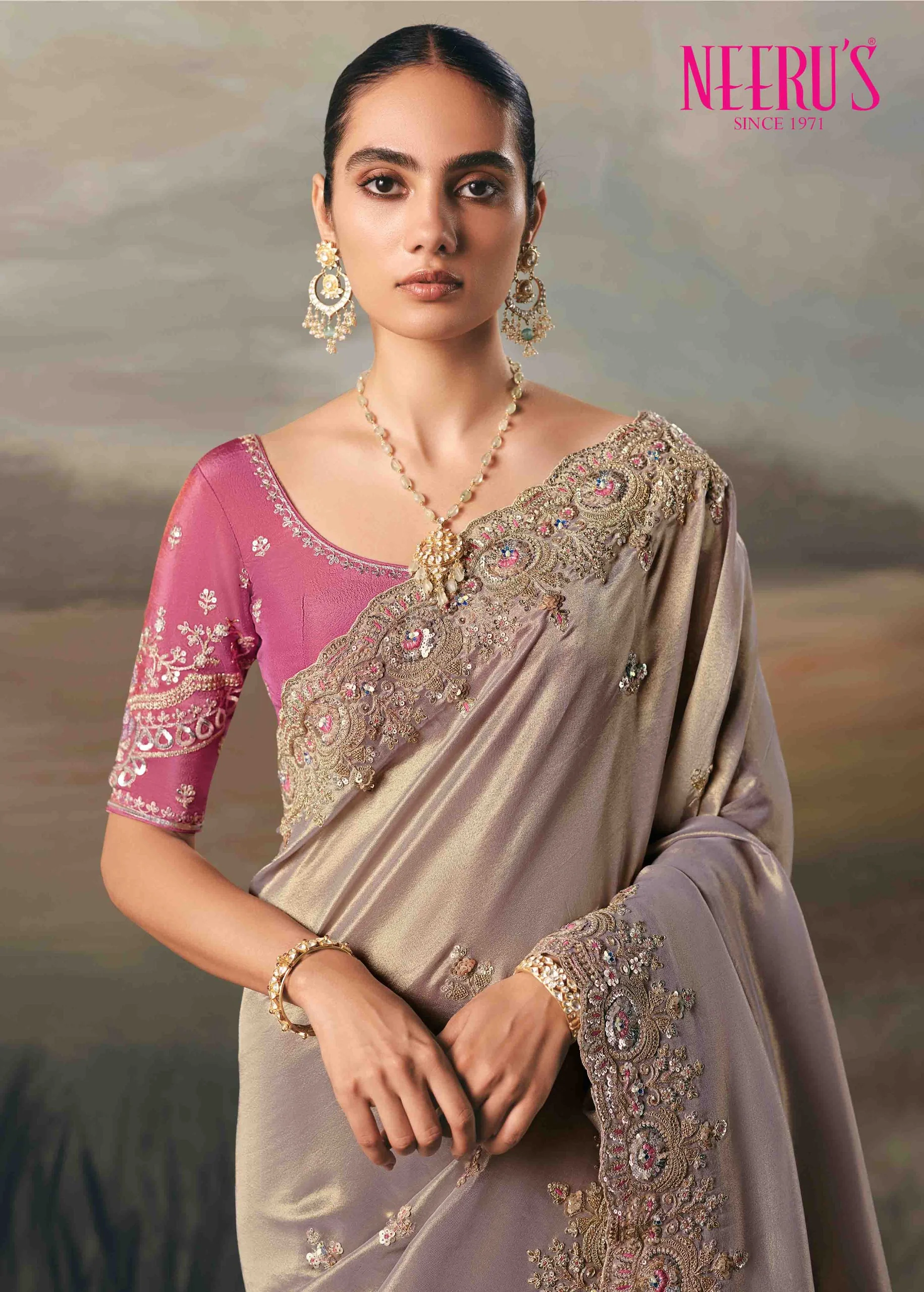 Lilac Tissue Saree With Heavy Zari And Sequins Work - Image 2