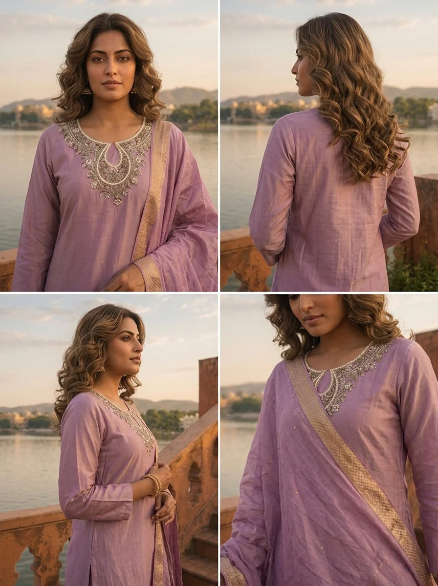 Lilac Tissue Thread And Stone Embroidered Three Piece Set - Image 4